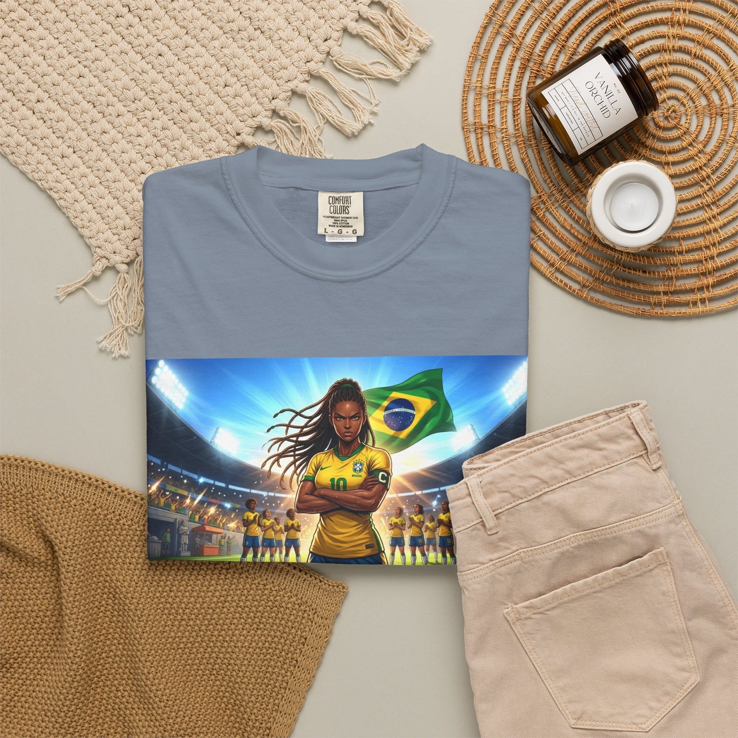 Brazil Soccer Captain T-Shirt — Player Holding Ball with Brazilian Flag Stadium Graphic