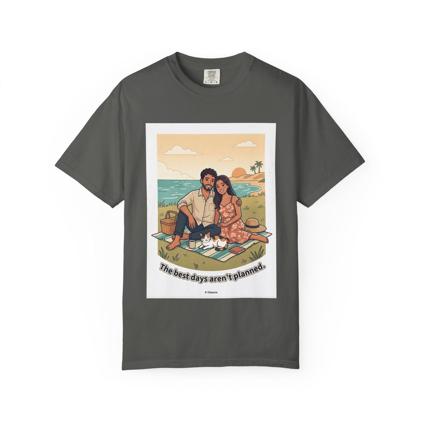 Beach Picnic Couple T‑Shirt — “The best days aren’t planned.” Relaxed Vacation Tee