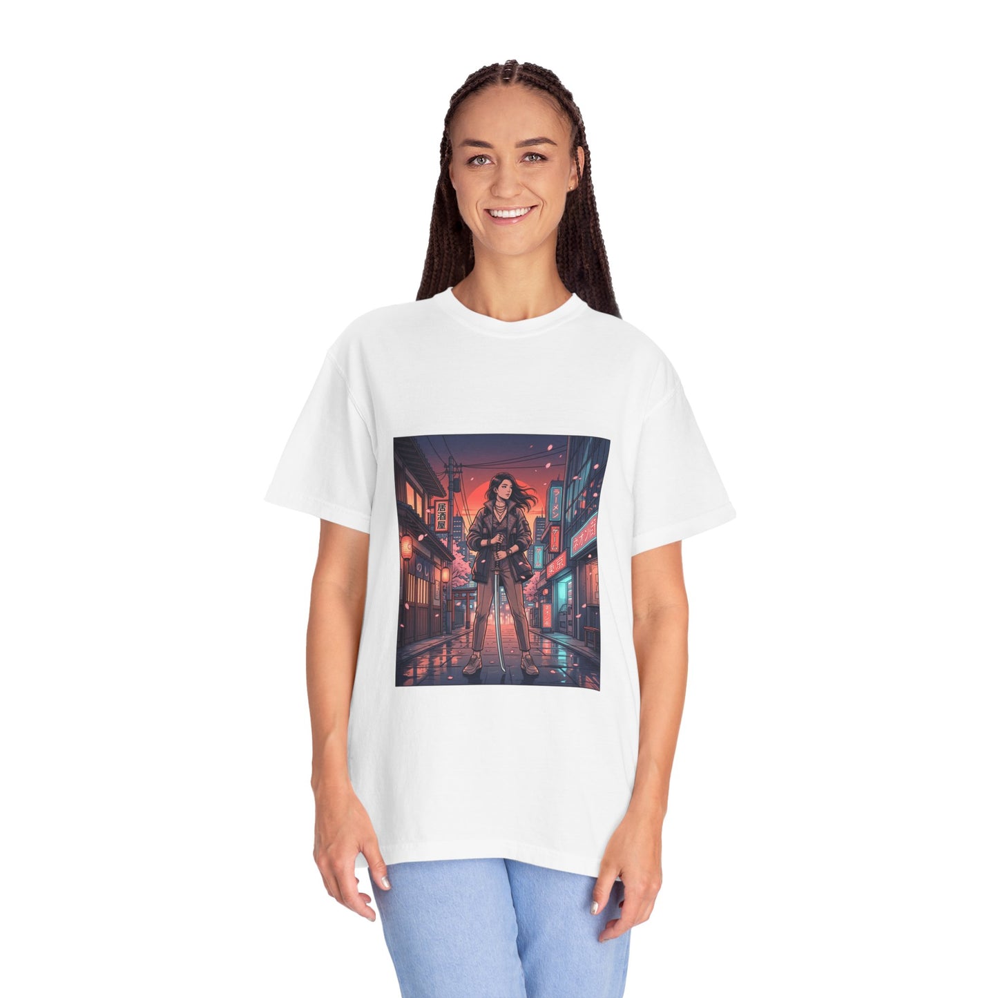 Cyberpunk Night Streets T‑Shirt — Neon Samurai Girl Graphic Tee