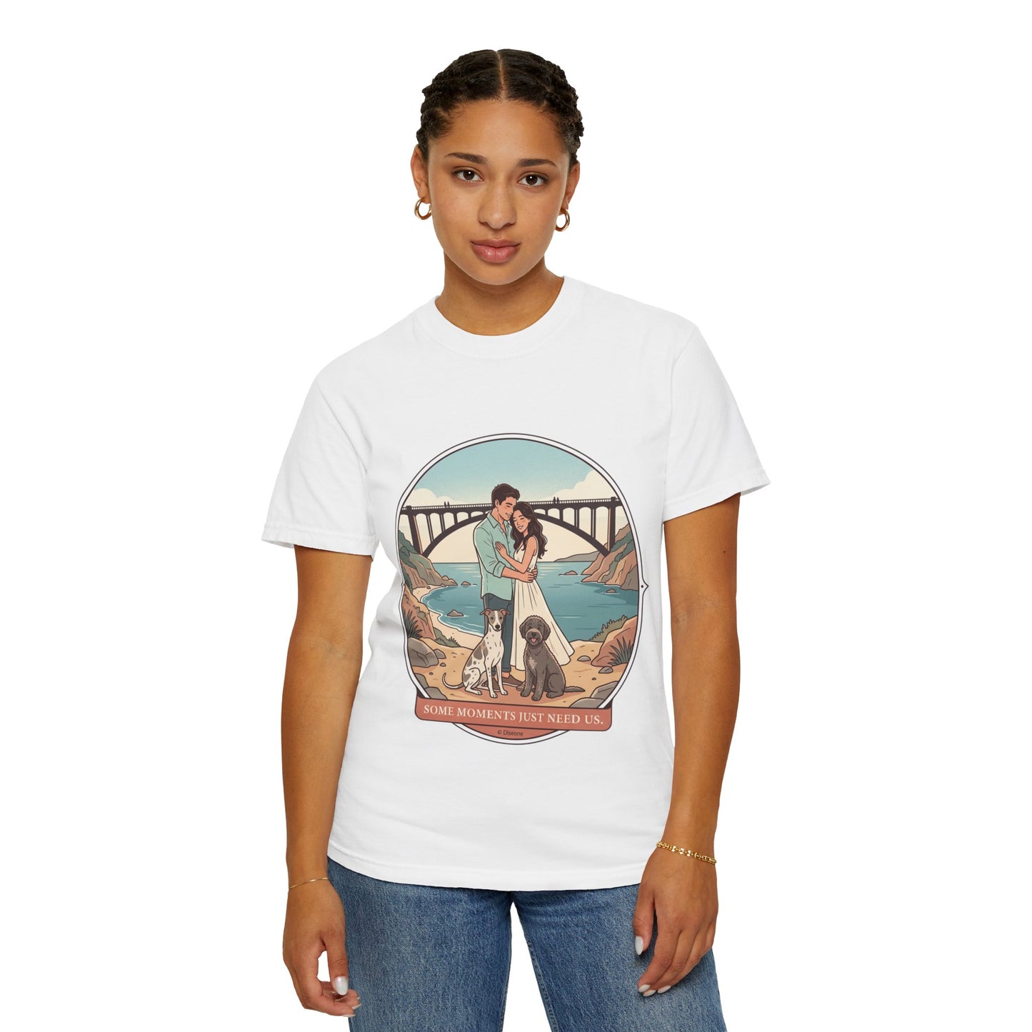 T-Shirt — Romantic Coastal Couples Tee “Some Moments Are Forever” with Dogs
