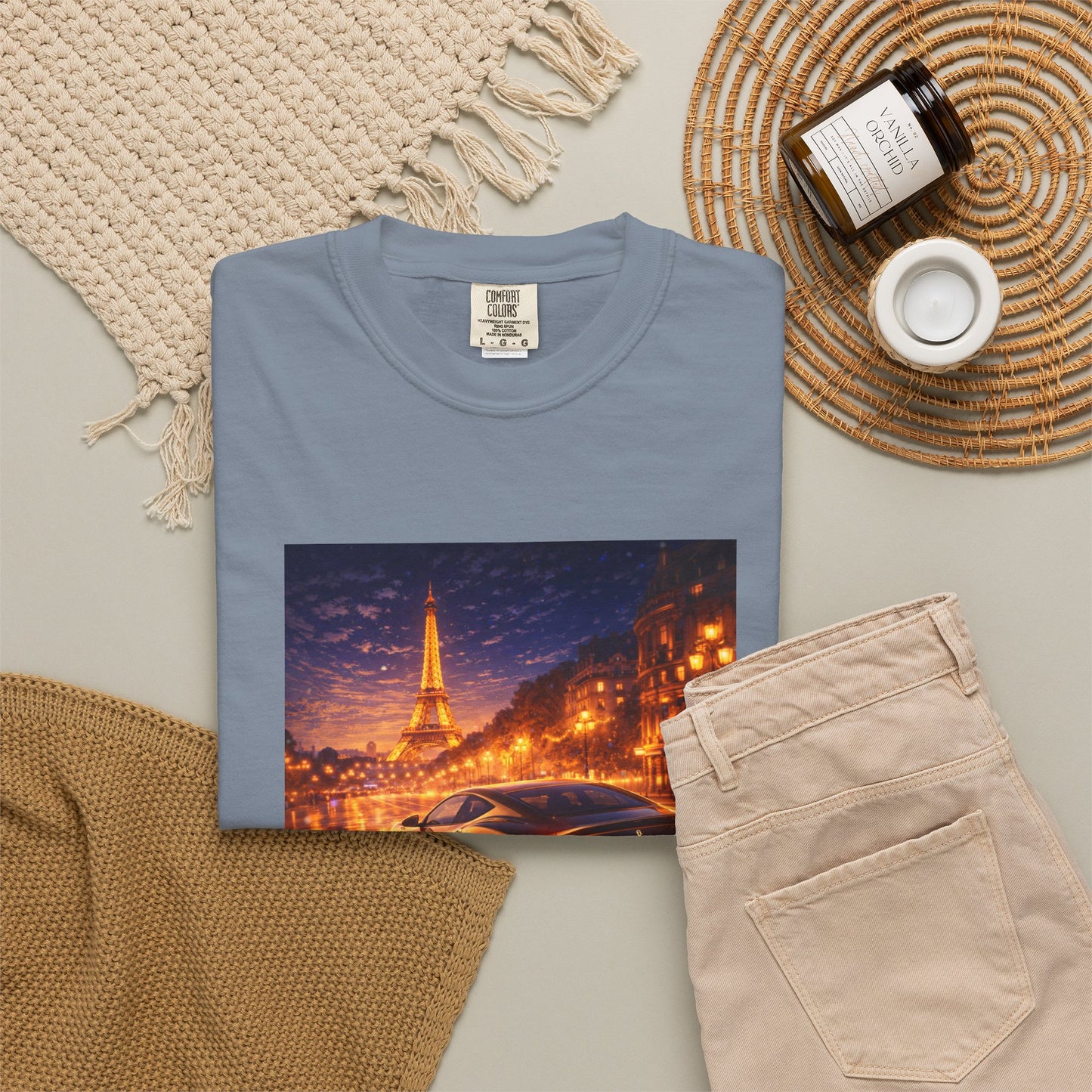 Paris Night Drive T-Shirt — Sports Car in Rainy Cityscape