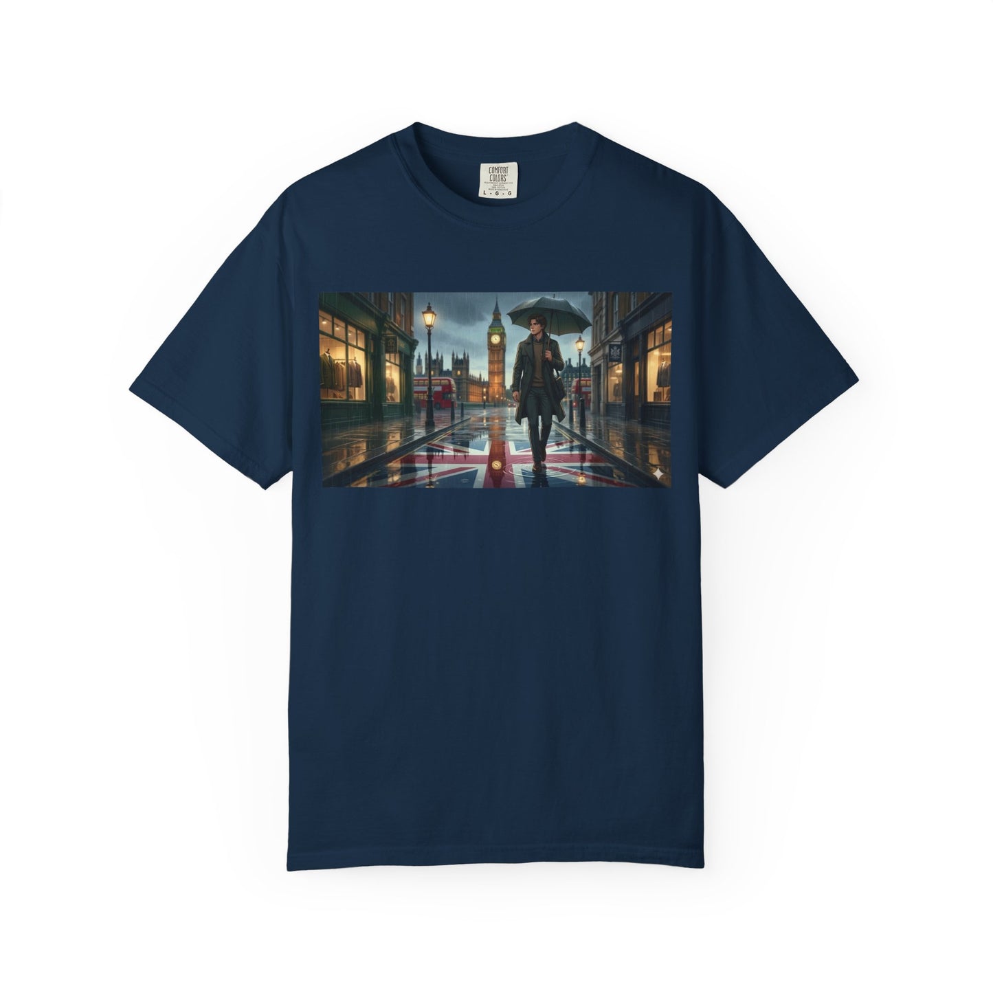 T-Shirt — Rainy London Street Scene Graphic Tee (Big Ben, Umbrella, Night Cityscape)