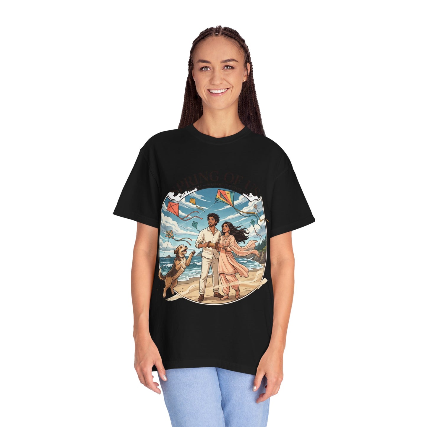 Spring of Us T-Shirt — Romantic Beach Couple Illustration with Dog