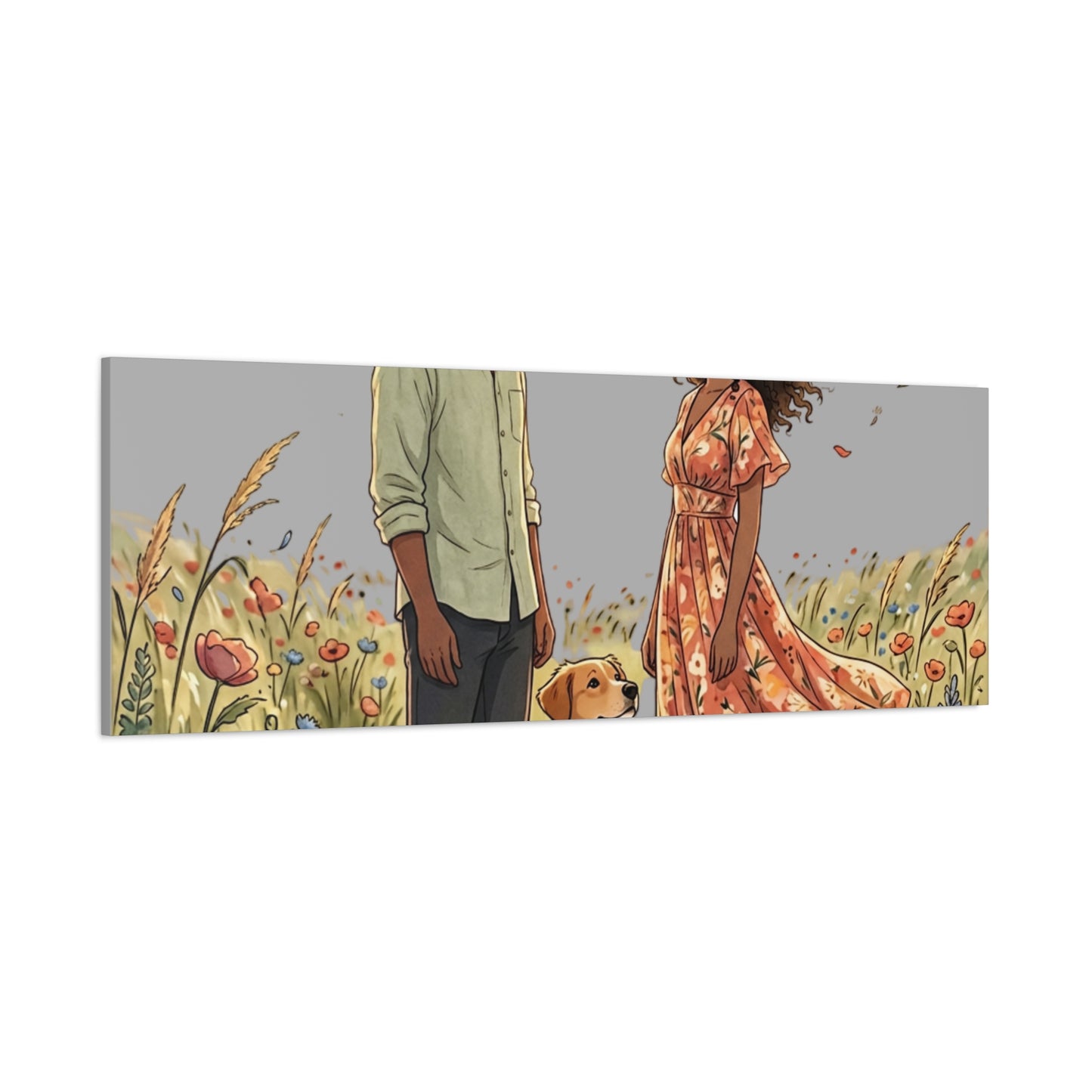 Romantic Couple in Wildflower Field Canvas Art — Black Love Wall Decor with Dog