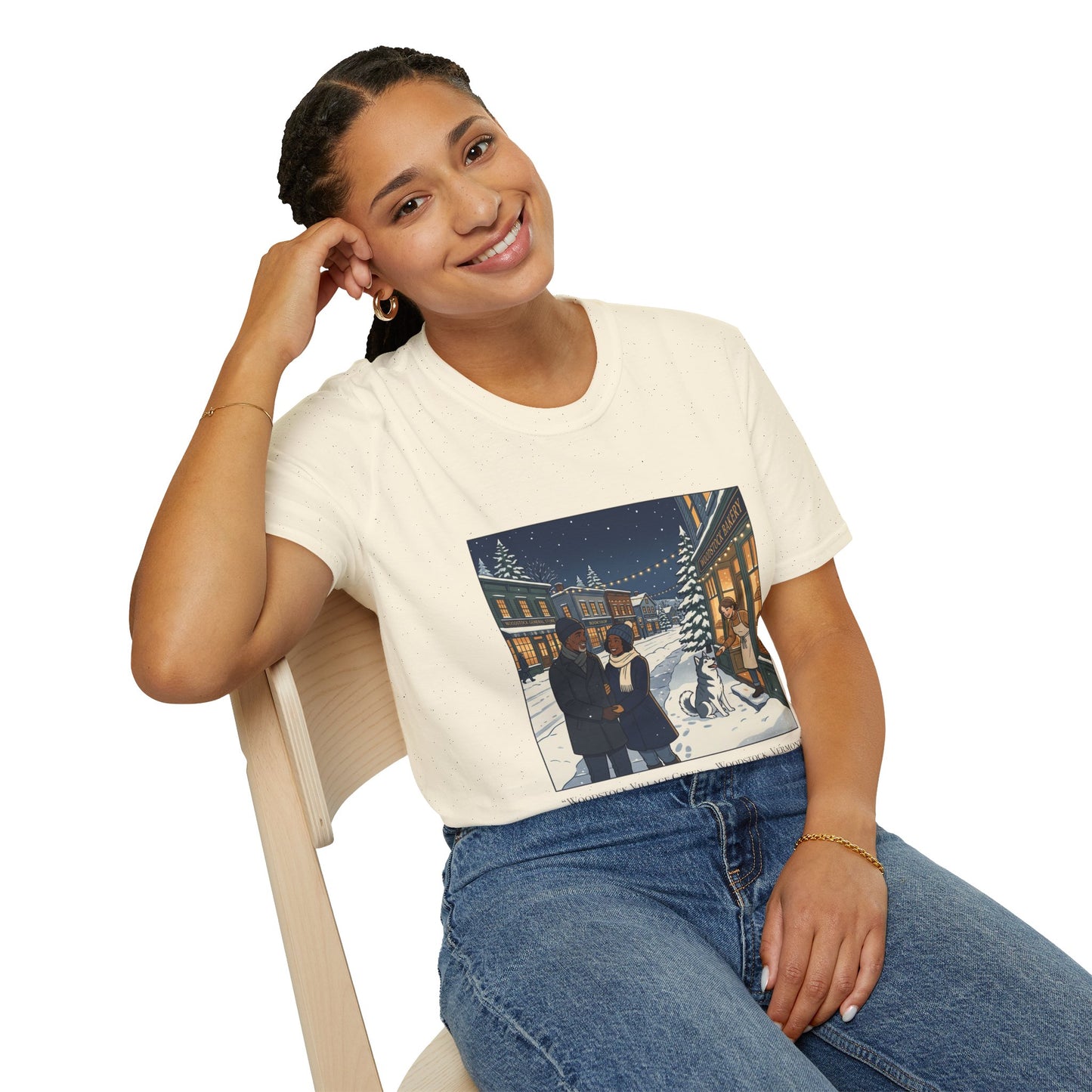 Winter String Lights Stroll T-Shirt — Cozy Holiday Street Scene Graphic Tee
