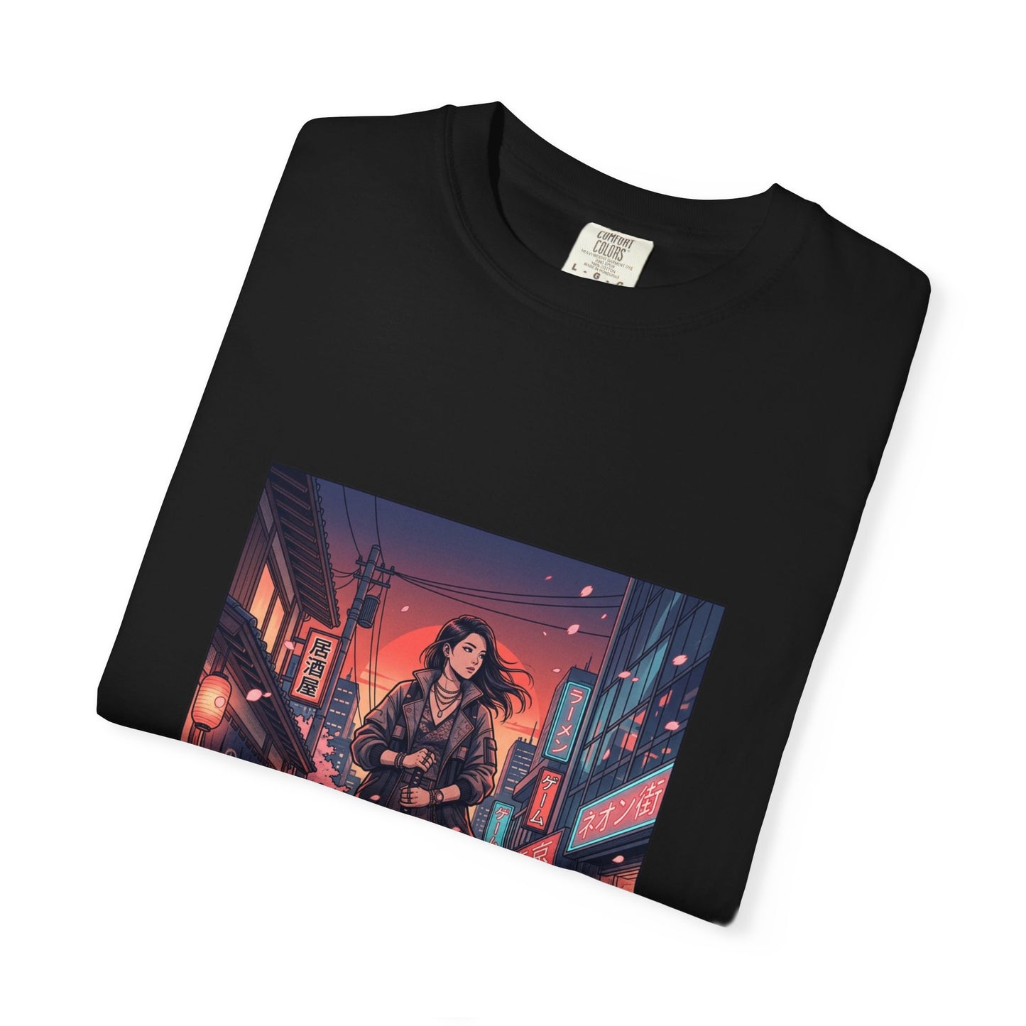 Cyberpunk Night Streets T‑Shirt — Neon Samurai Girl Graphic Tee
