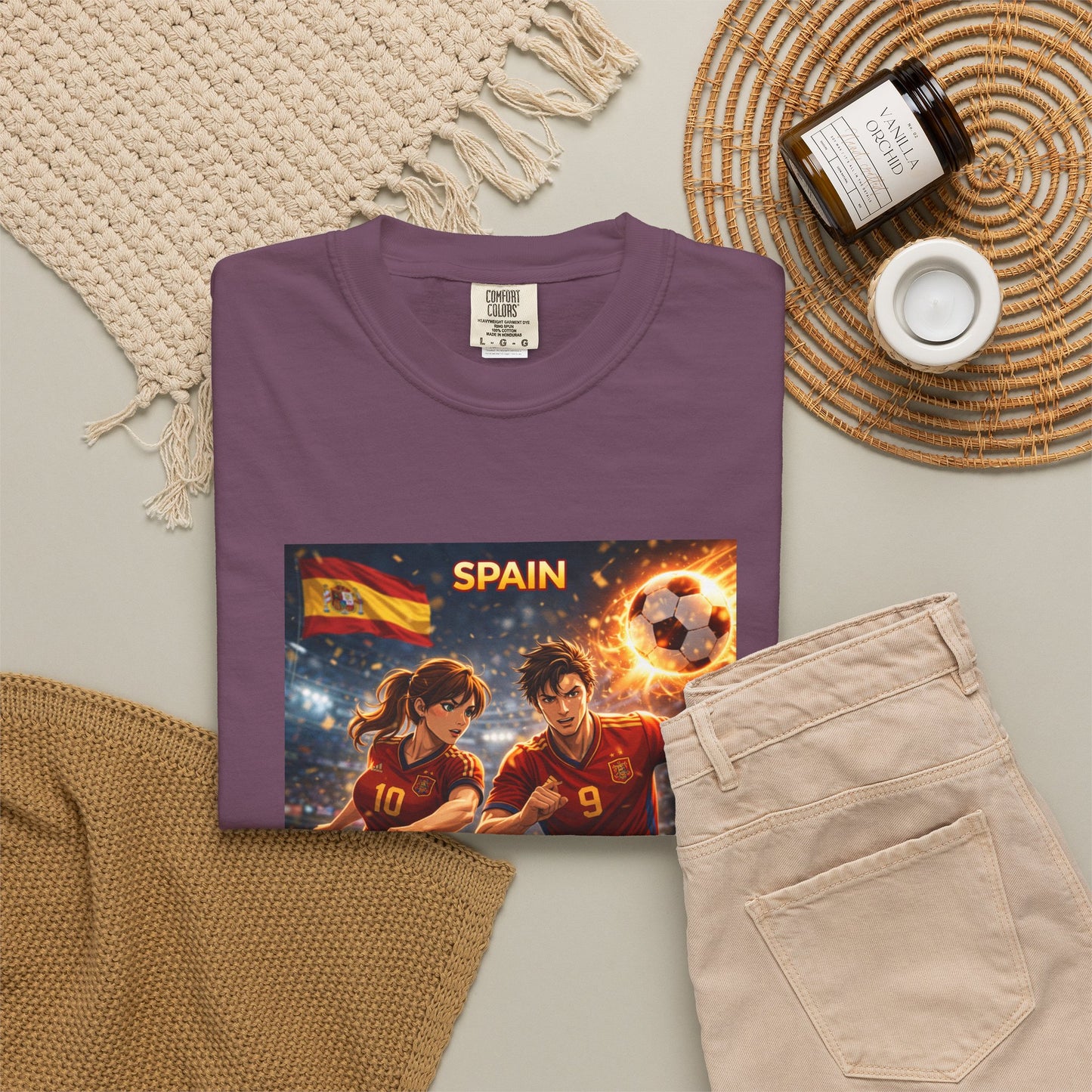 Spain Soccer Graphic T-Shirt — Retro Match Scene with Flag