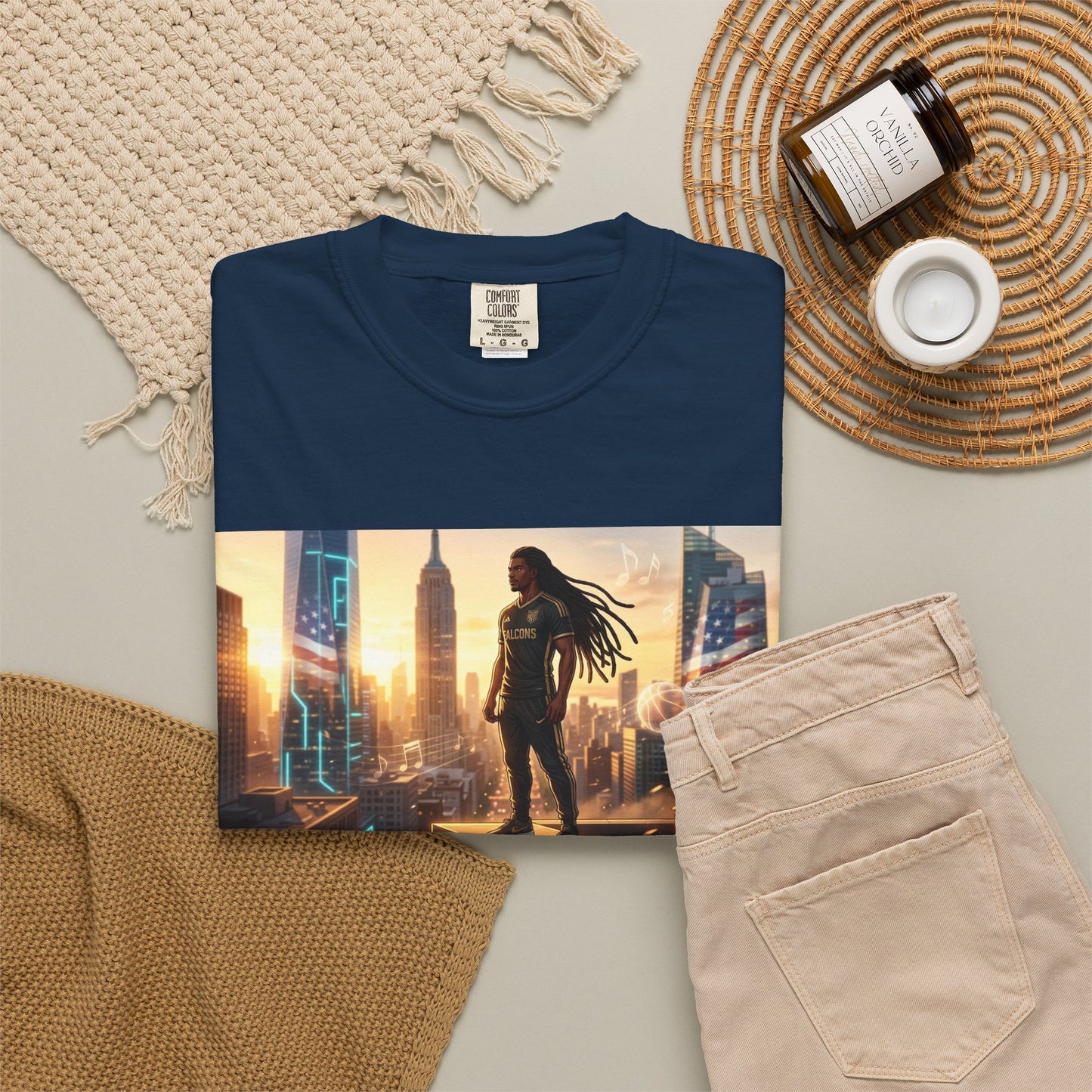 Cyberpunk Cityscape T-Shirt — Silhouette Hero at Sunset