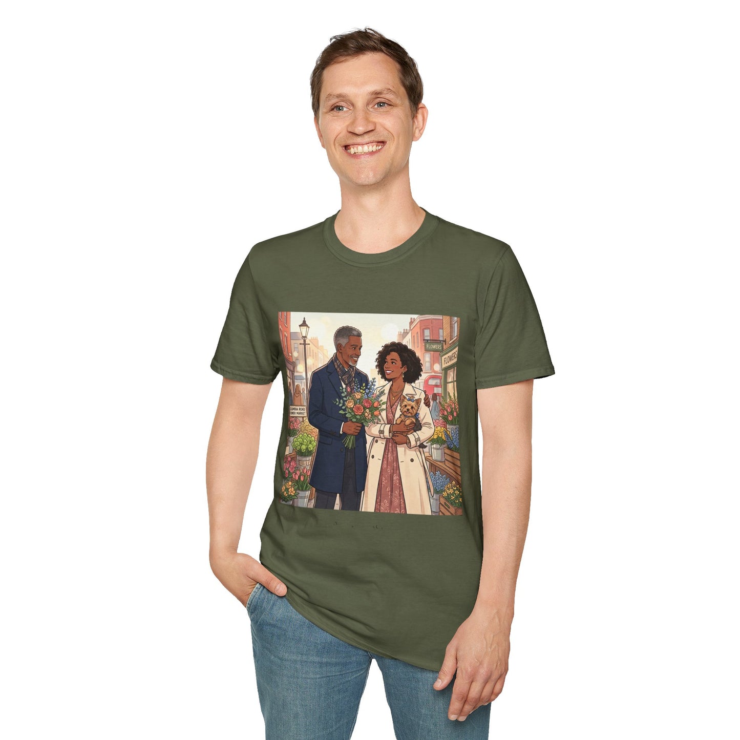 Romantic City Stroll T-Shirt — Couple Bouquet Illustration
