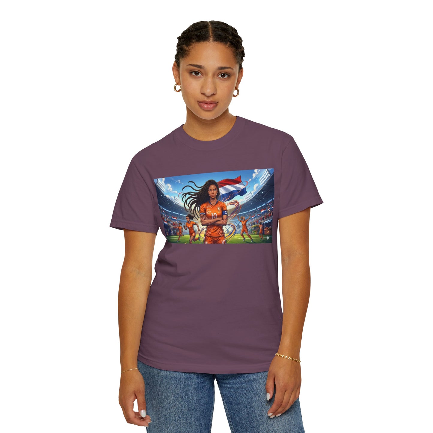 Soccer Warrior T-Shirt — Netherlands Female Captain with Flag Stadium Graphic