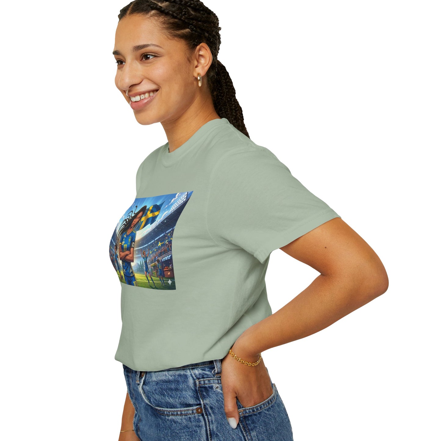 Swedish Soccer Pride T-Shirt — Female Footballer with Flag Stadium Design