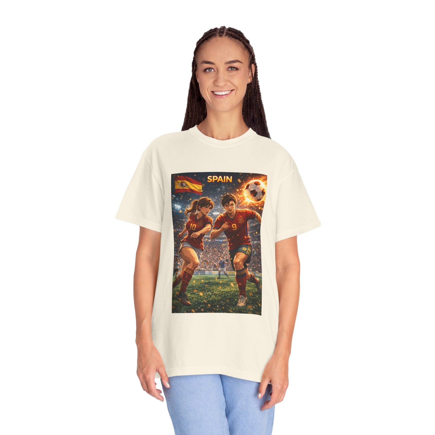 Spain Soccer Graphic T-Shirt — Retro Match Scene with Flag