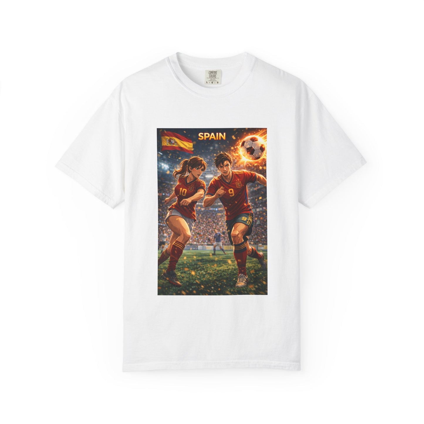 Spain Soccer Graphic T-Shirt — Retro Match Scene with Flag