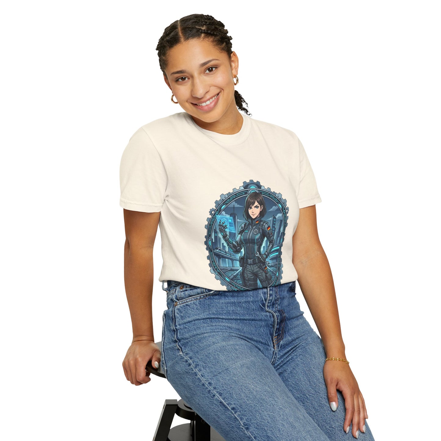 Cyber Ninja Graphic T-Shirt — Futuristic Female Warrior Illustration