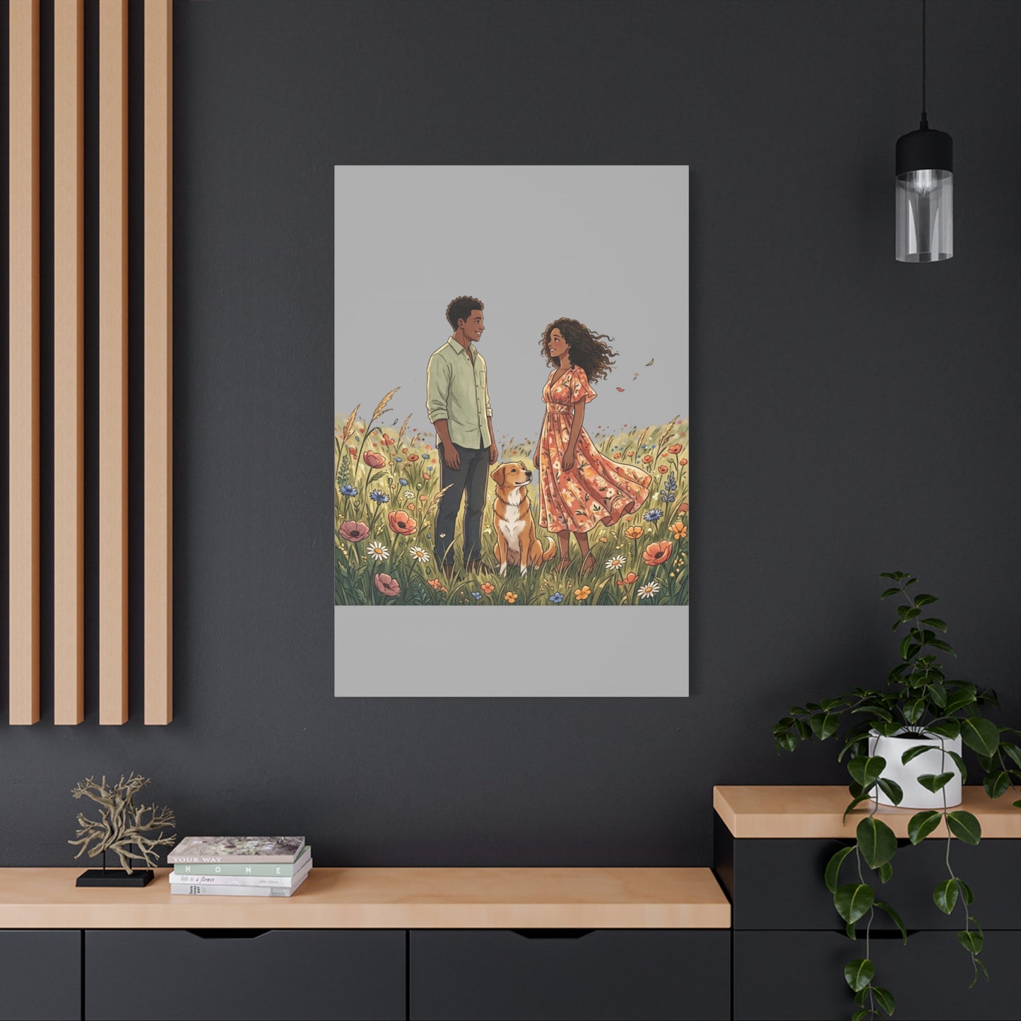 Romantic Couple in Wildflower Field Canvas Art — Black Love Wall Decor with Dog