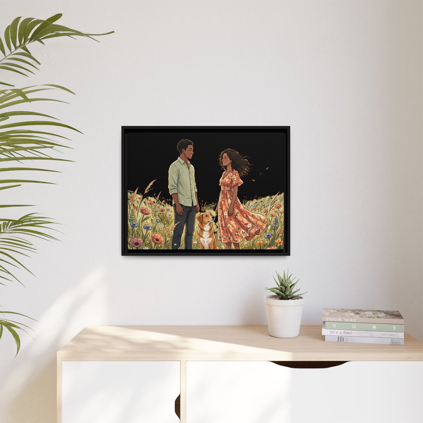 Framed Matte Canvas Print — Romantic Couple in Wildflower Field (Multi‑Color)