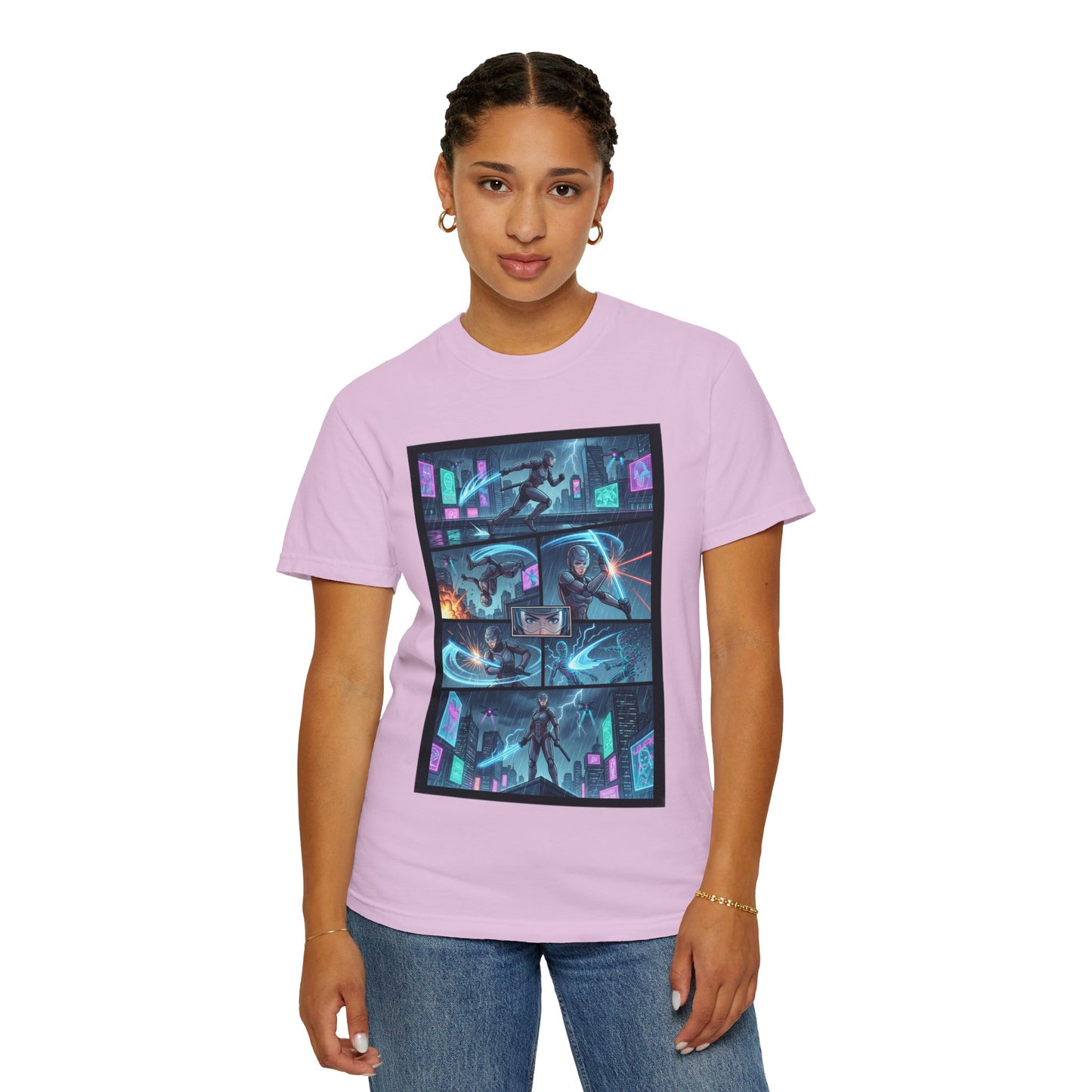 Cyberpunk Girl Samurai T-Shirt — Neon Manga Panel Graphic Tee