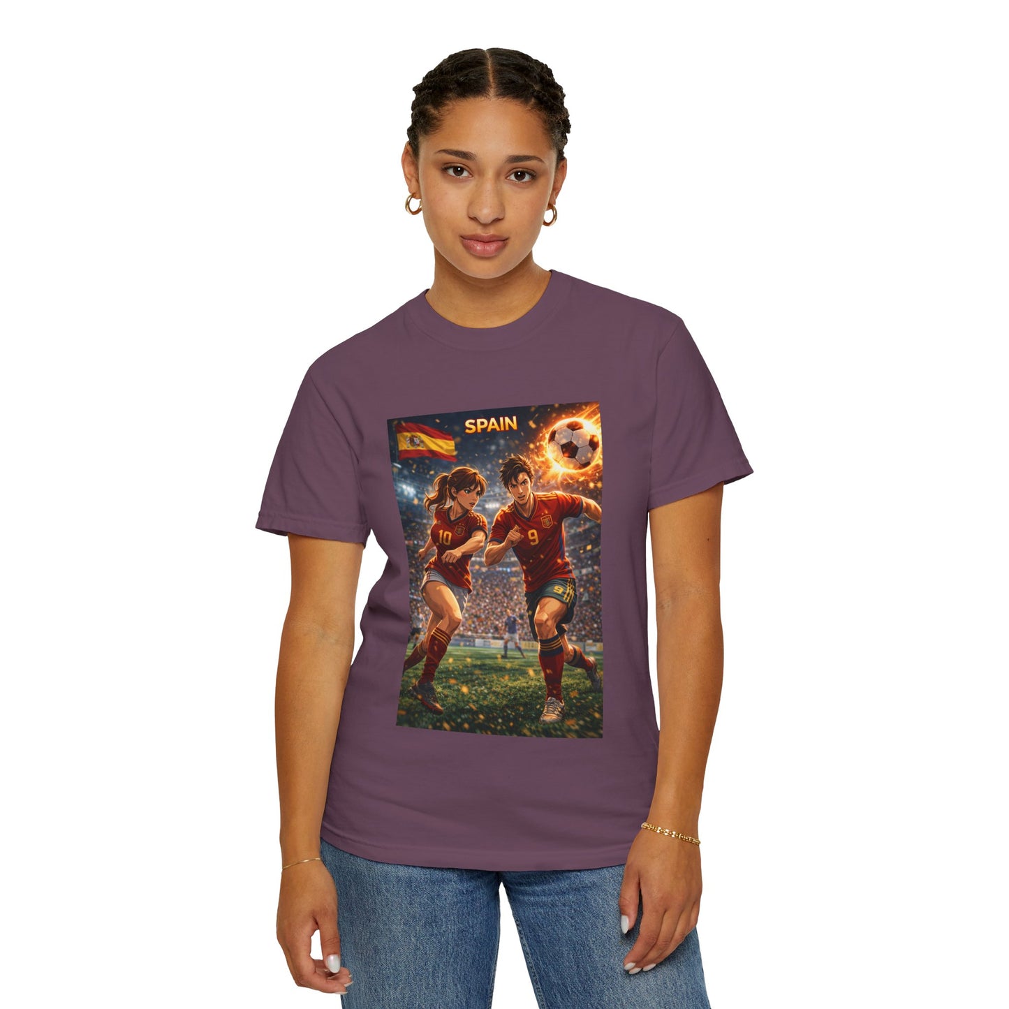 Spain Soccer Graphic T-Shirt — Retro Match Scene with Flag
