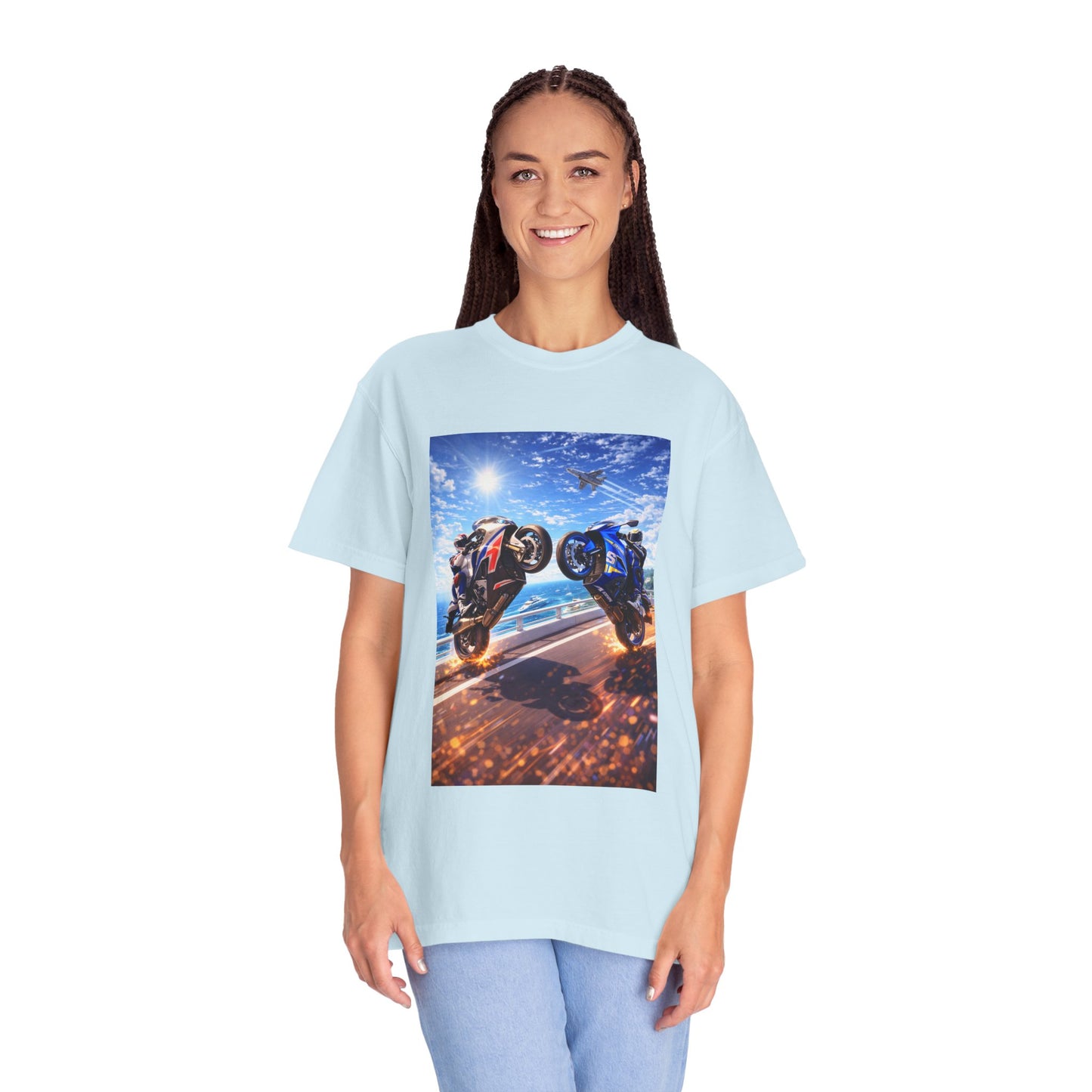 Stunt Riders Motorcycle T-Shirt — Two Bike Wheelie Racing Graphic Tee