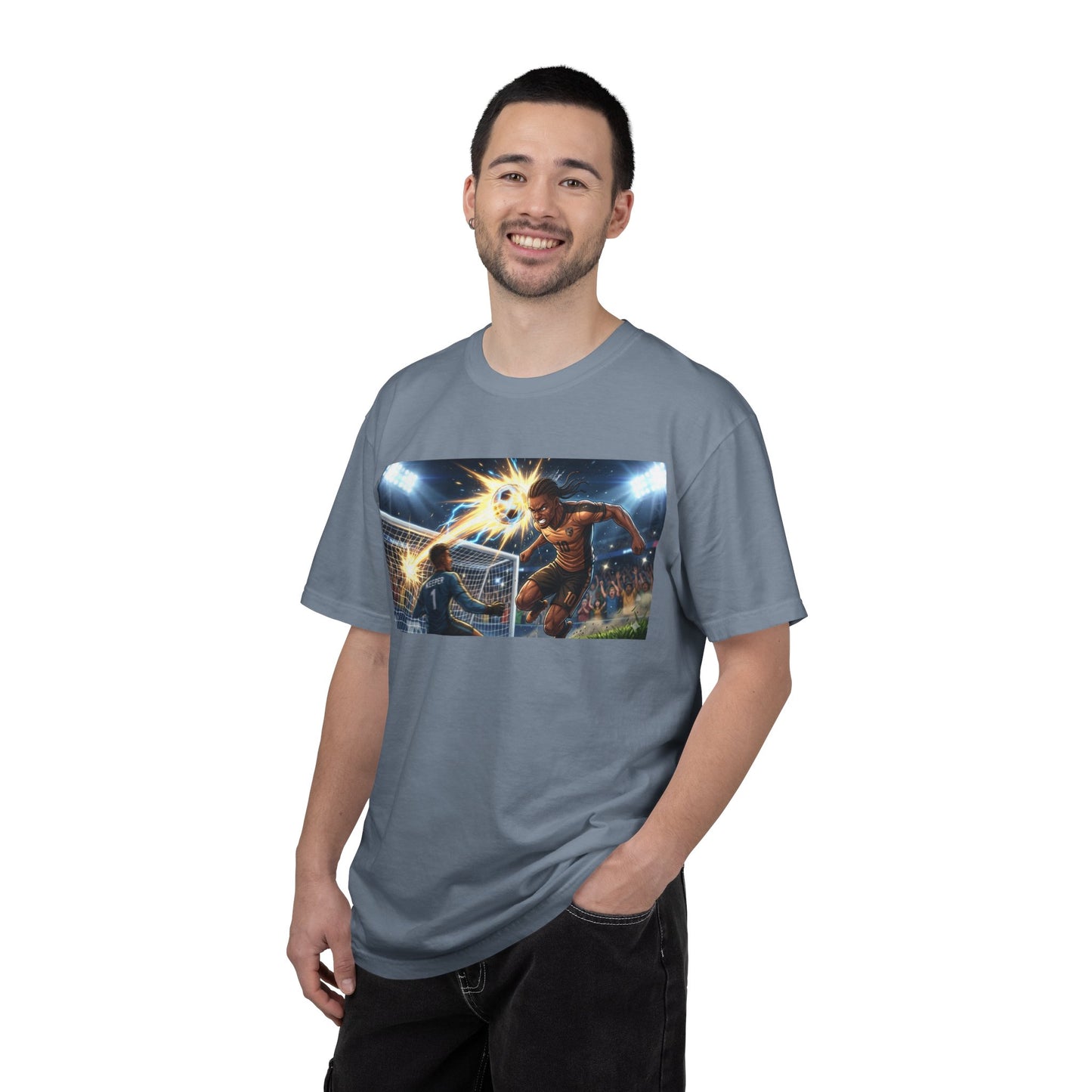 Soccer Goal Celebration T-Shirt — Action Football Scene Graphic Tee