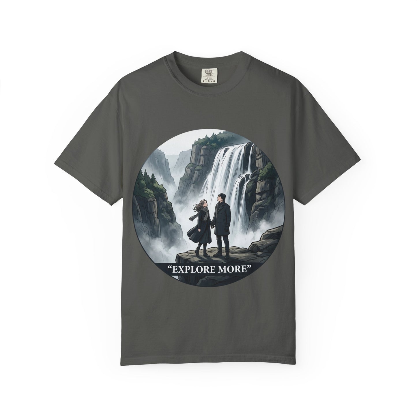 Explore More T-Shirt — Adventure Graphic Tee with Waterfall Scene