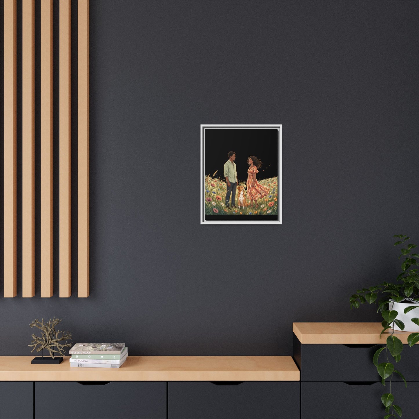 Framed Matte Canvas Print — Romantic Couple in Wildflower Field (Multi‑Color)