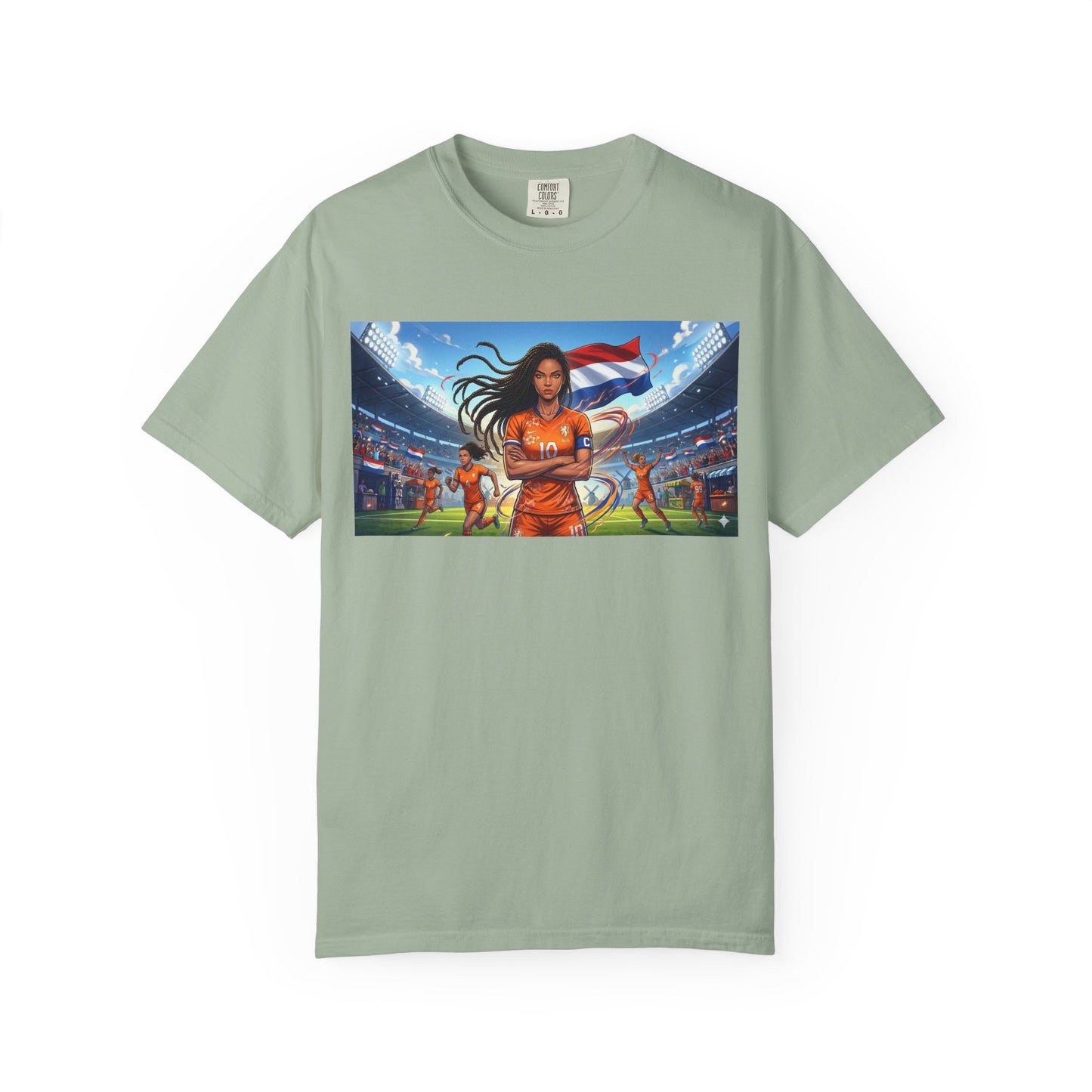 Soccer Warrior T-Shirt — Netherlands Female Captain with Flag Stadium Graphic