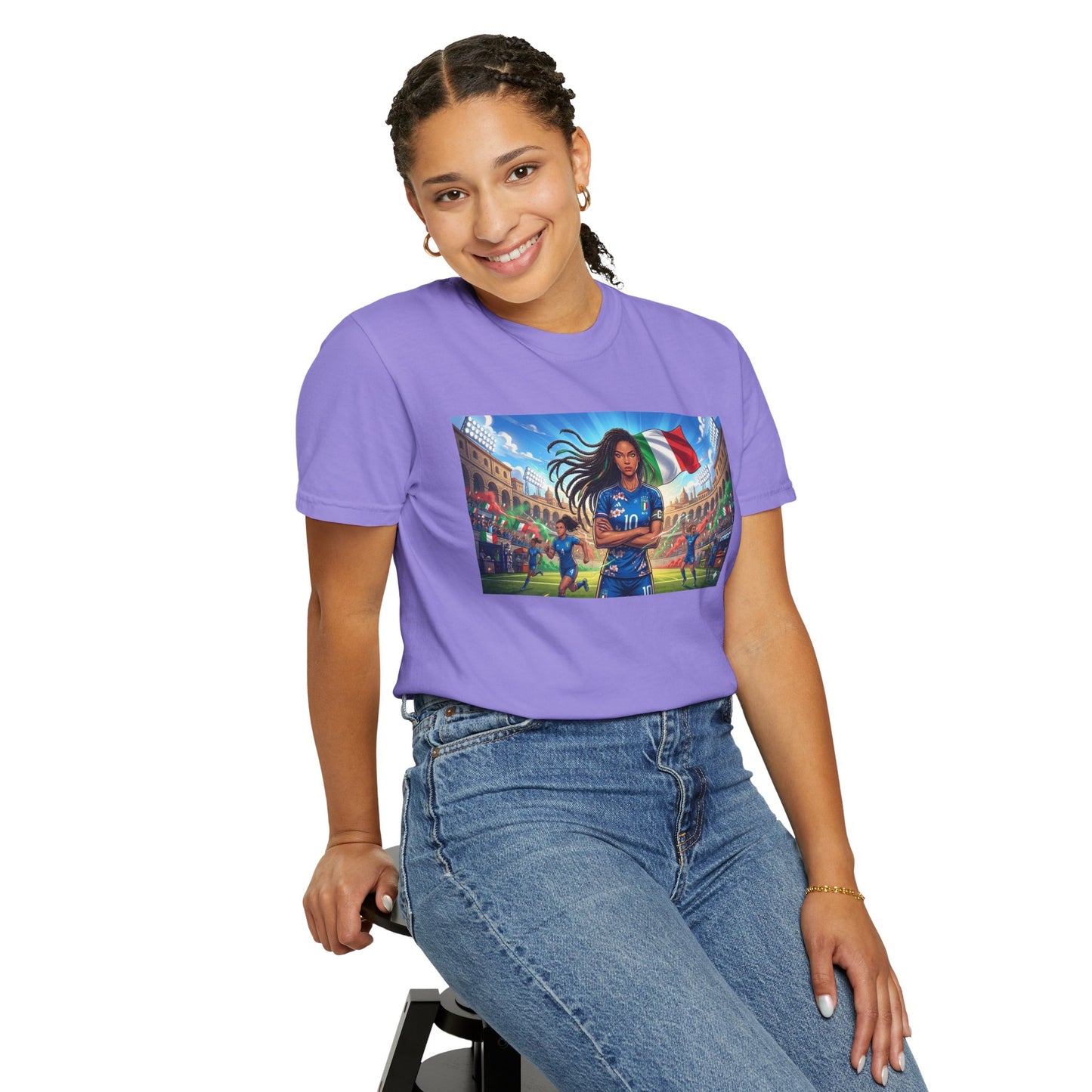 Italian Soccer Fan T‑Shirt – Inspirational Female Player with Italy Flag Stadium Print