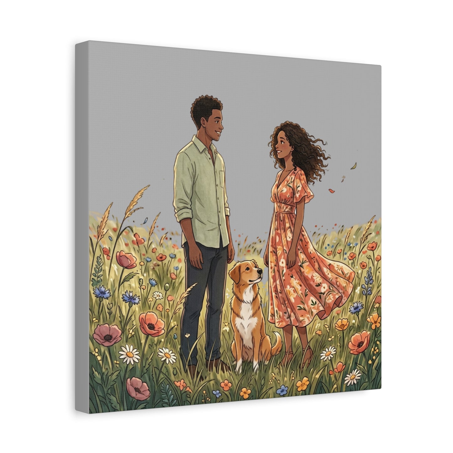 Romantic Couple in Wildflower Field Canvas Art — Black Love Wall Decor with Dog
