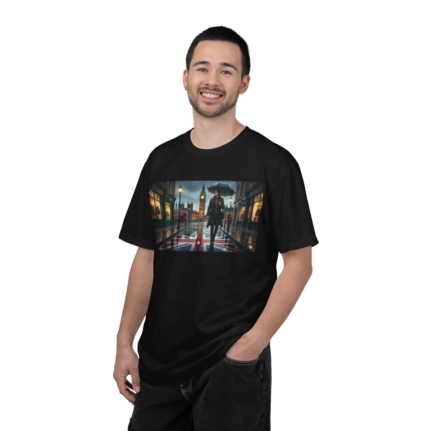 T-Shirt — Rainy London Street Scene Graphic Tee (Big Ben, Umbrella, Night Cityscape)