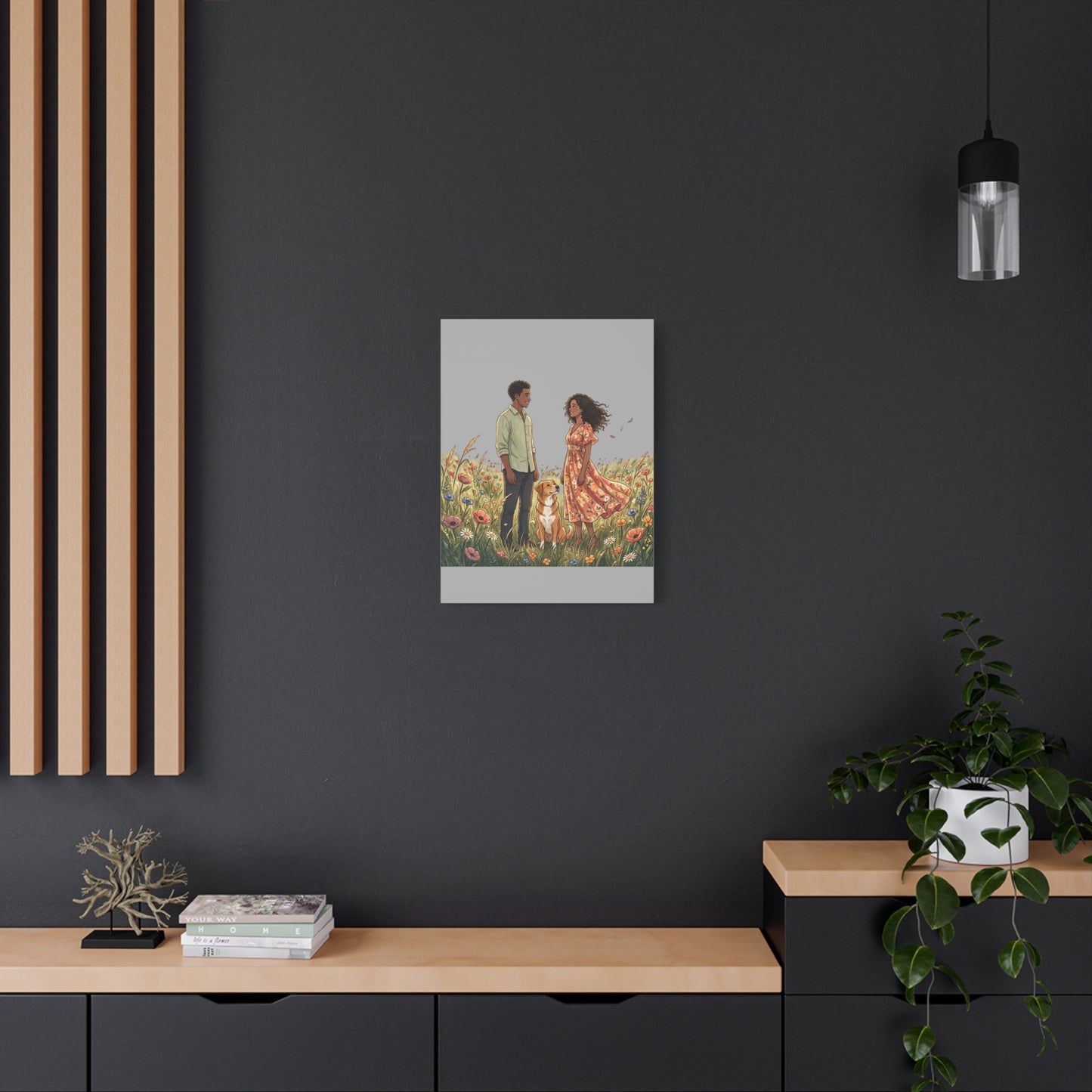 Romantic Couple in Wildflower Field Canvas Art — Black Love Wall Decor with Dog