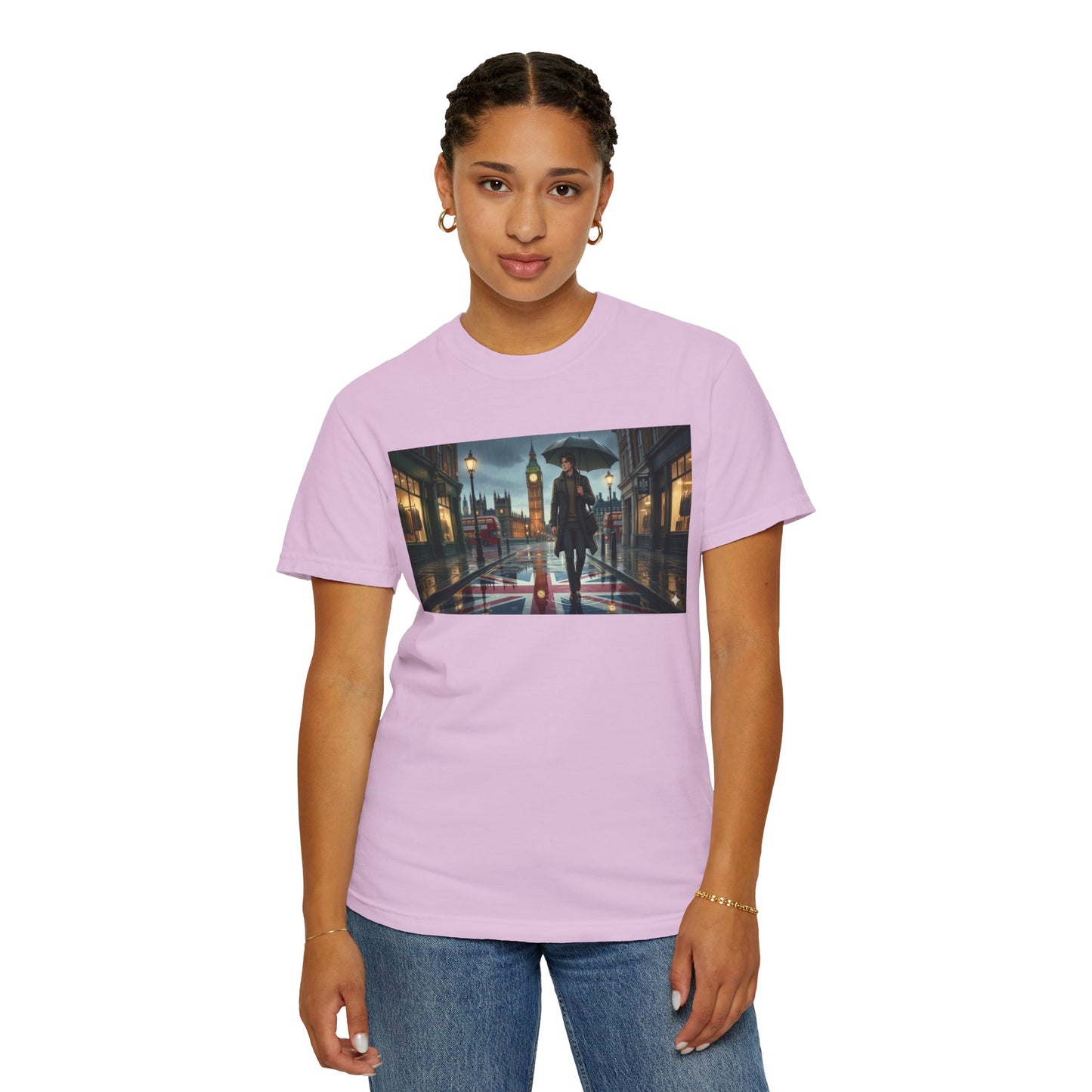 T-Shirt — Rainy London Street Scene Graphic Tee (Big Ben, Umbrella, Night Cityscape)