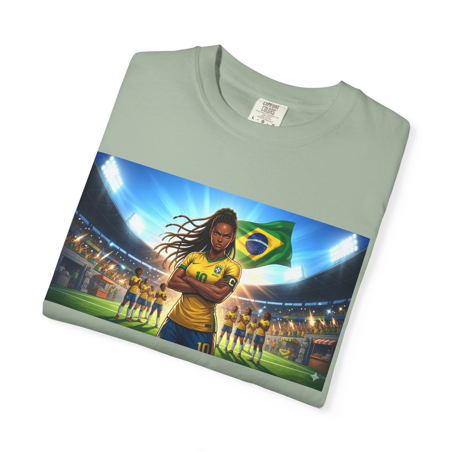 Brazil Soccer Captain T-Shirt — Player Holding Ball with Brazilian Flag Stadium Graphic