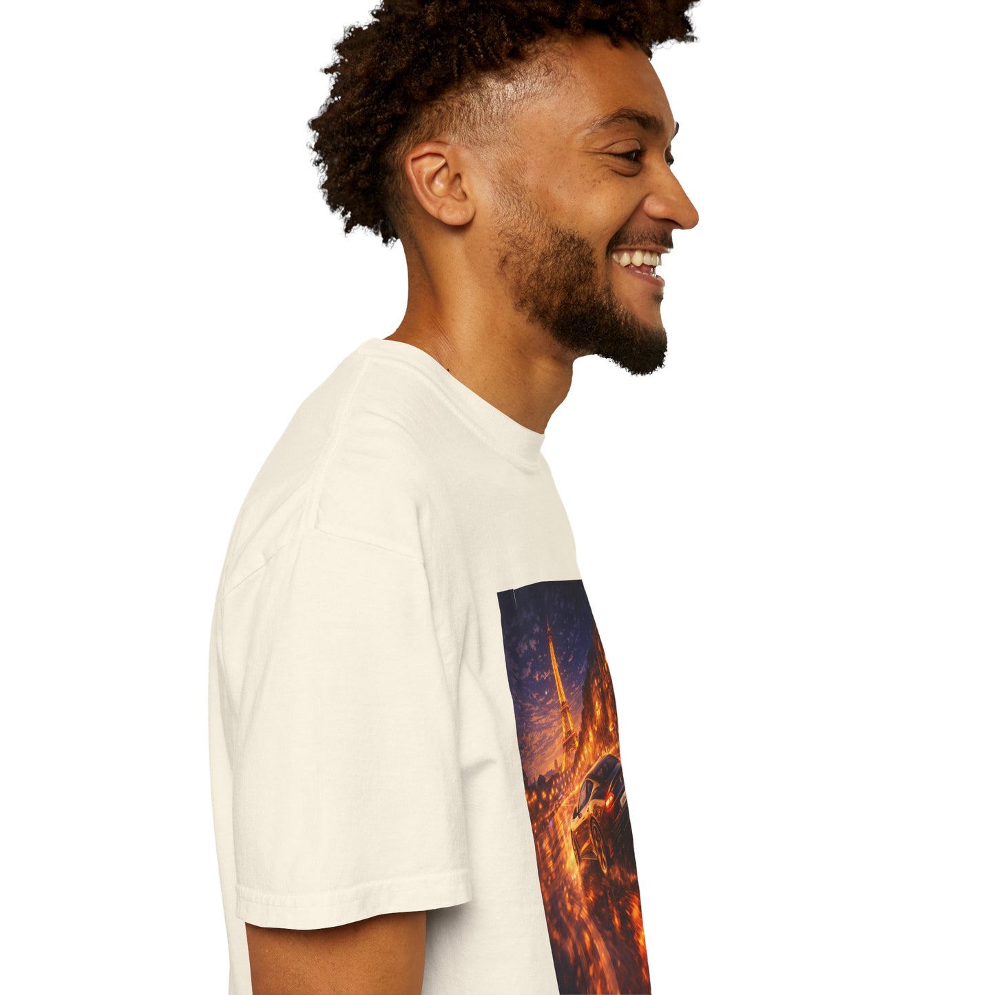 Paris Night Drive T-Shirt — Sports Car in Rainy Cityscape