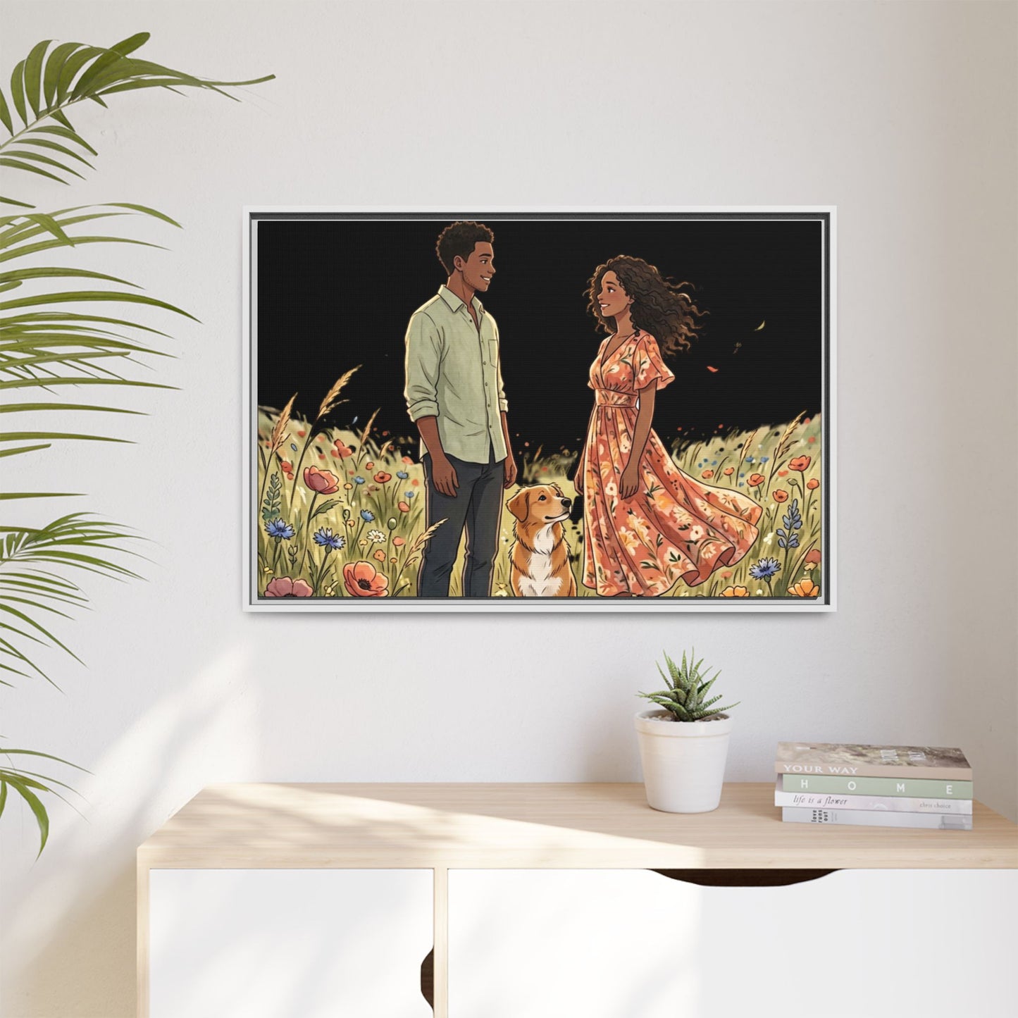Framed Matte Canvas Print — Romantic Couple in Wildflower Field (Multi‑Color)