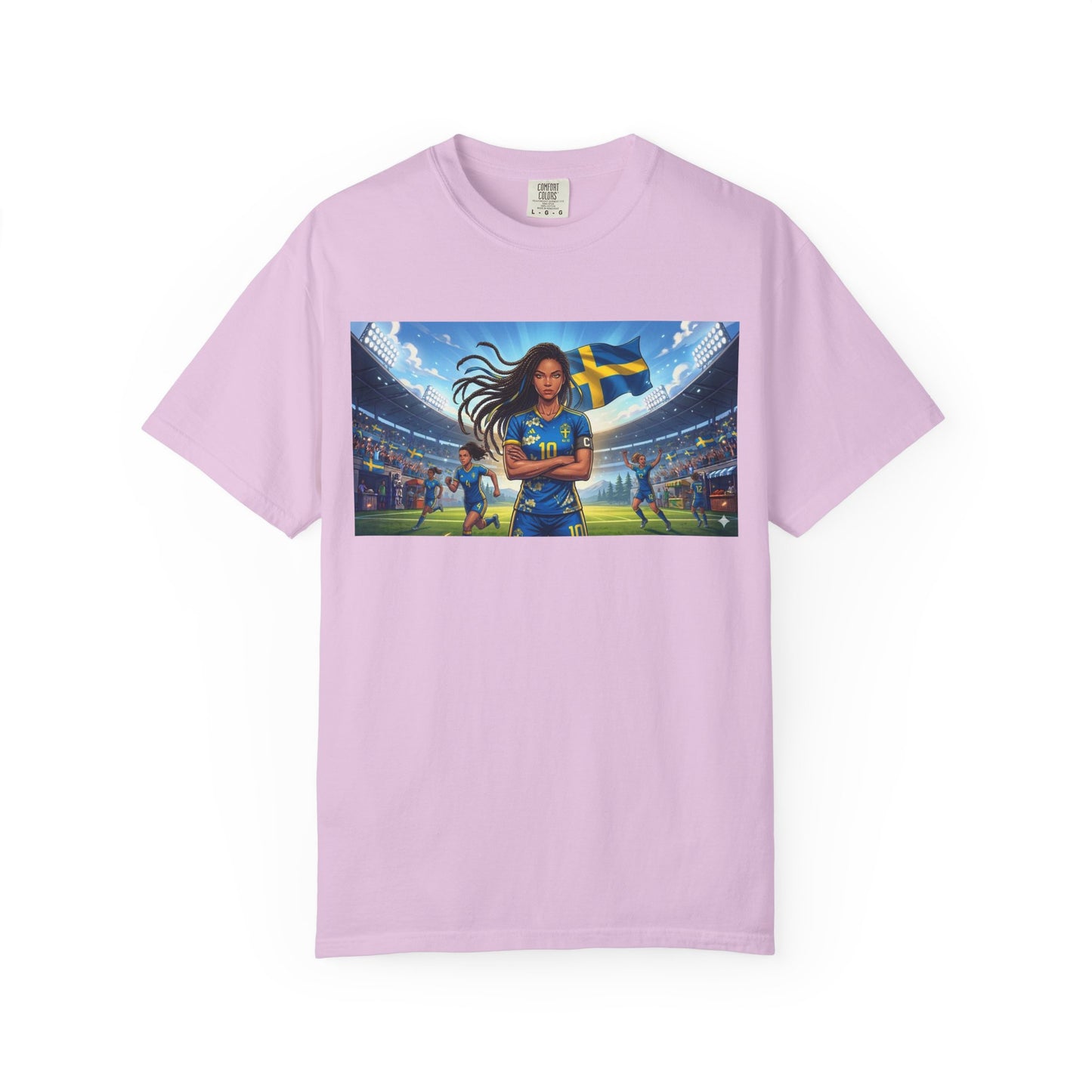 Swedish Soccer Pride T-Shirt — Female Footballer with Flag Stadium Design