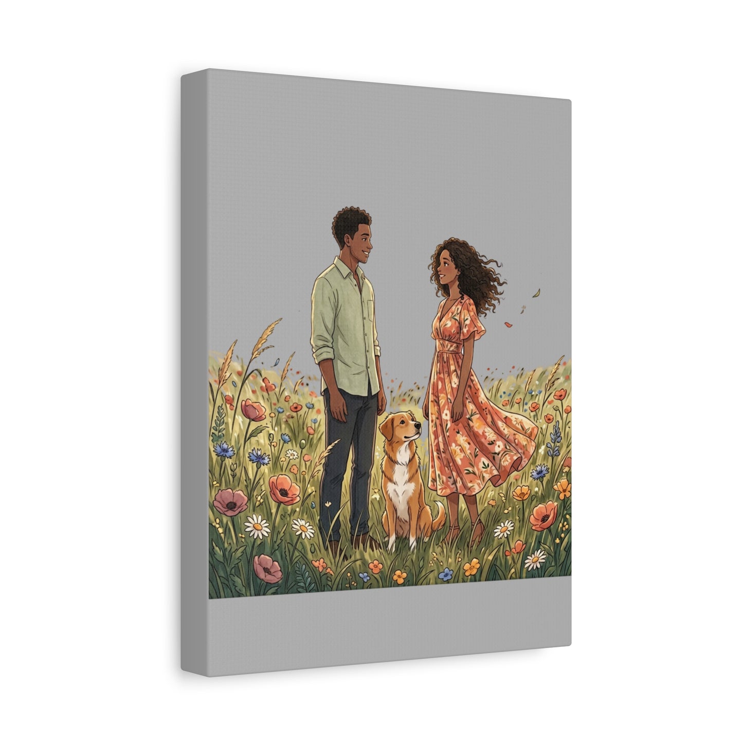 Romantic Couple in Wildflower Field Canvas Art — Black Love Wall Decor with Dog