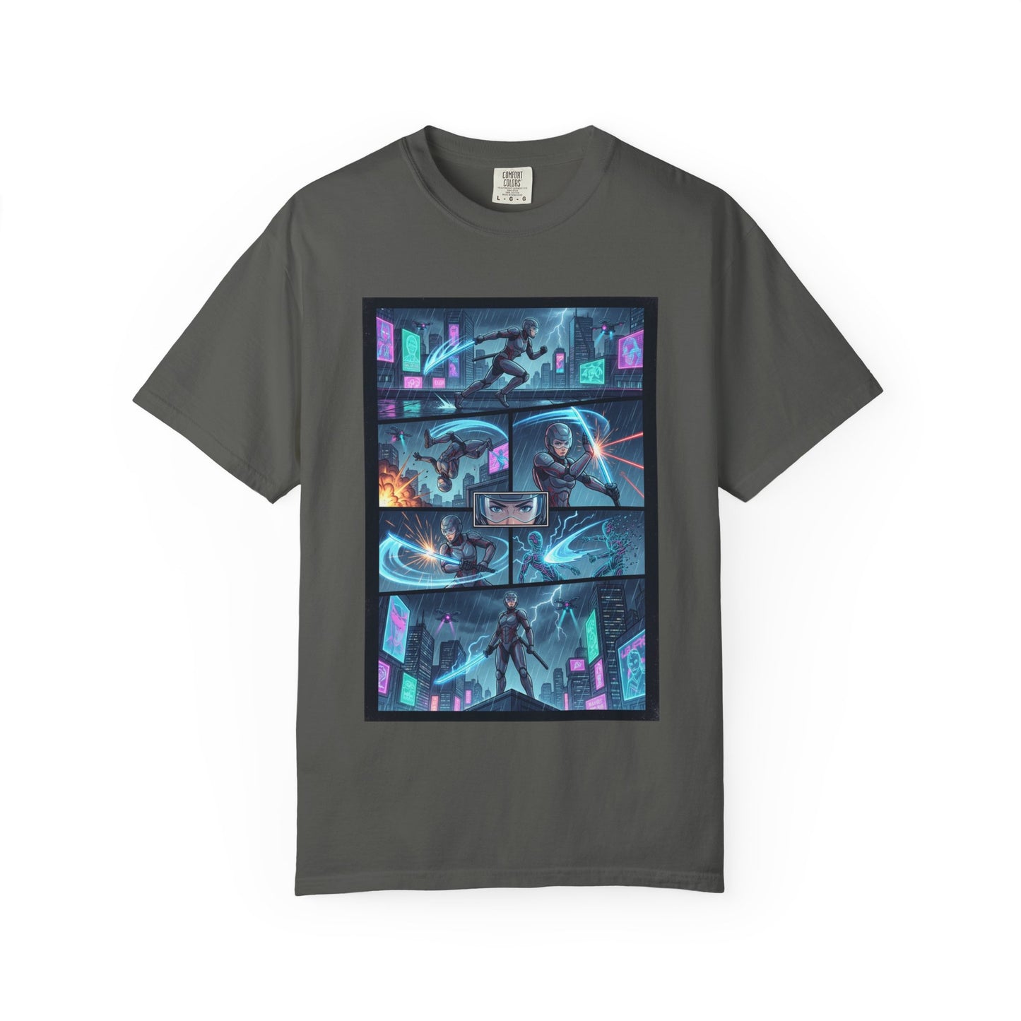 Cyberpunk Girl Samurai T-Shirt — Neon Manga Panel Graphic Tee