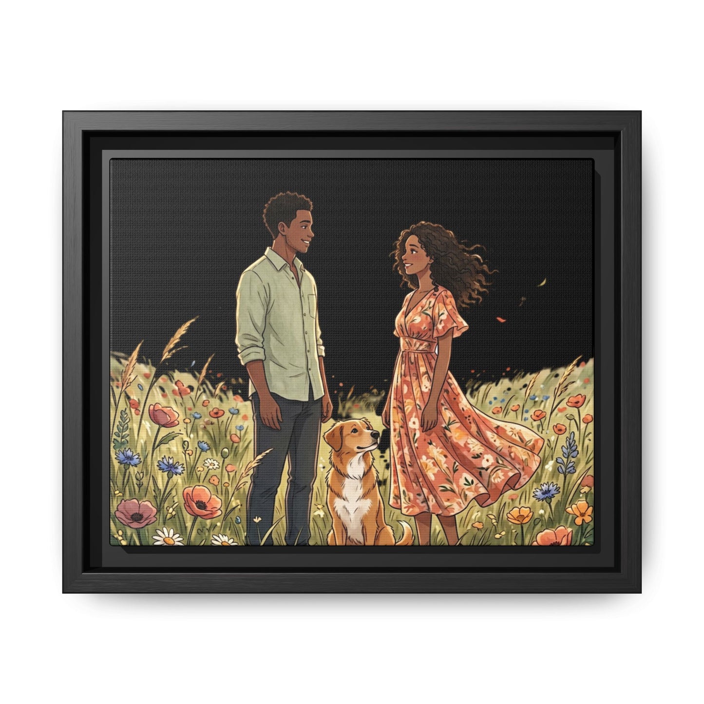 Framed Matte Canvas Print — Romantic Couple in Wildflower Field (Multi‑Color)