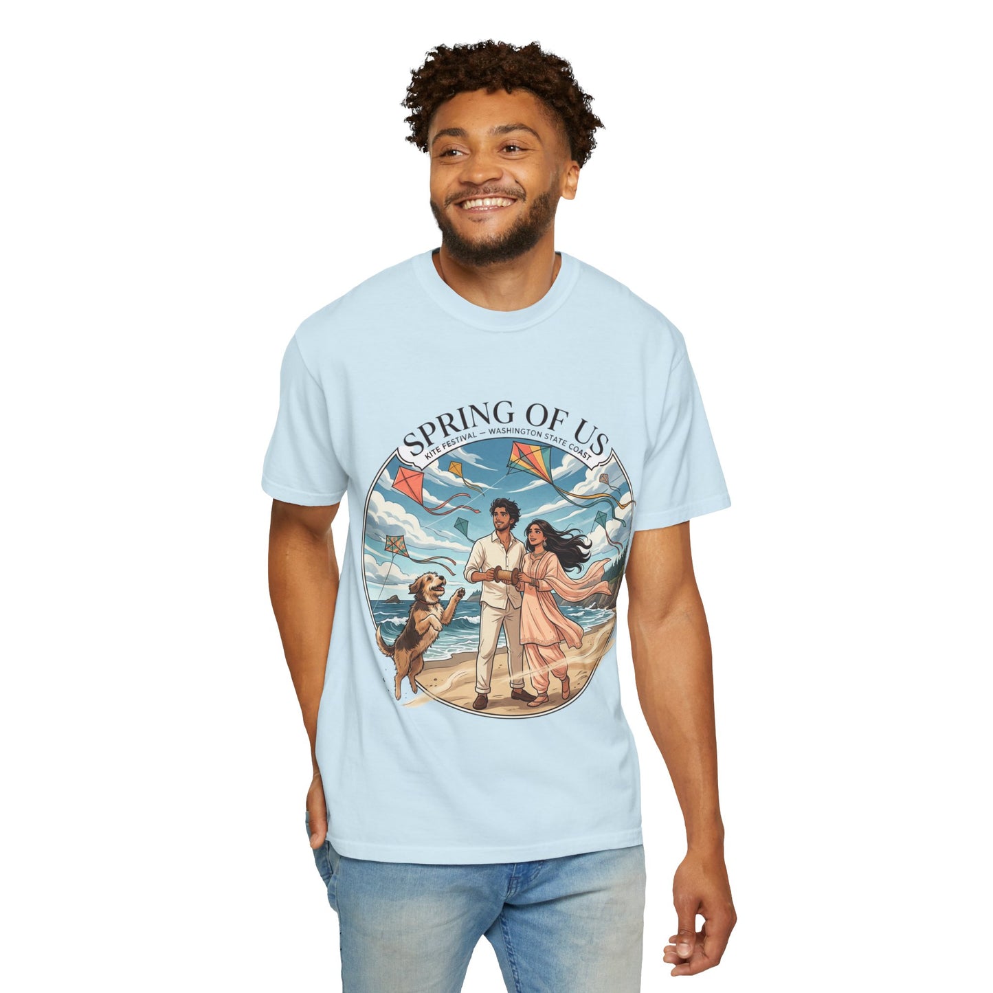 Spring of Us T-Shirt — Romantic Beach Couple Illustration with Dog