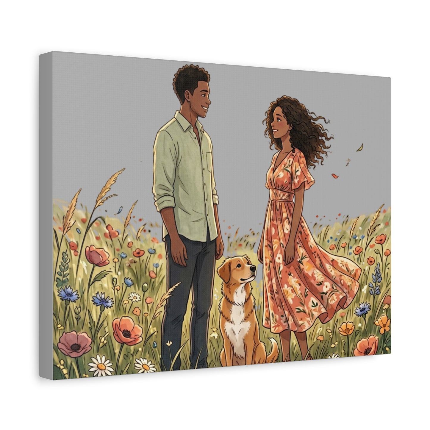 Romantic Couple in Wildflower Field Canvas Art — Black Love Wall Decor with Dog