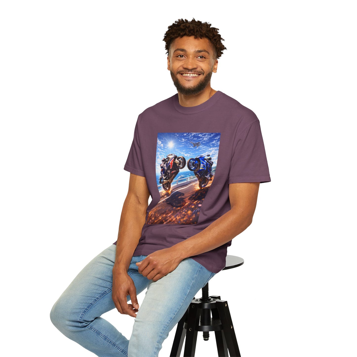 Stunt Riders Motorcycle T-Shirt — Two Bike Wheelie Racing Graphic Tee