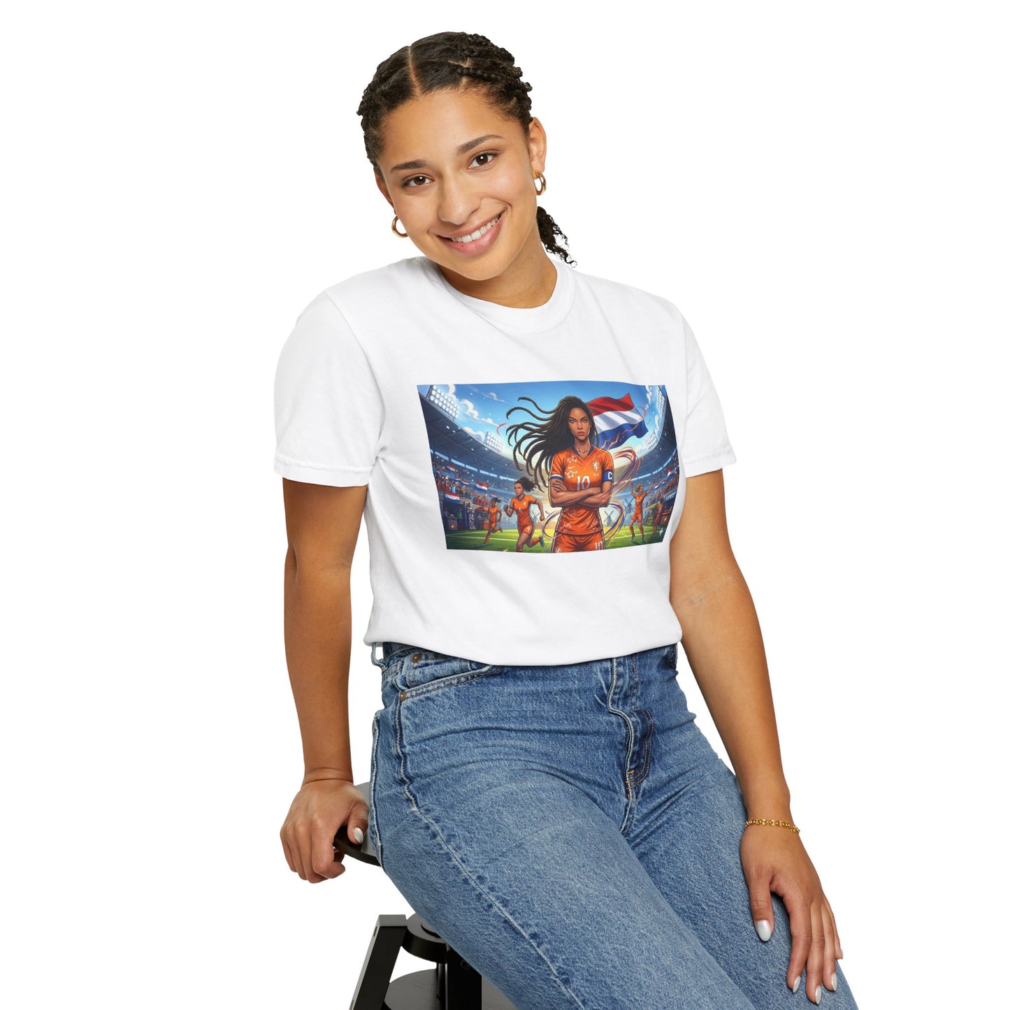 Soccer Warrior T-Shirt — Netherlands Female Captain with Flag Stadium Graphic