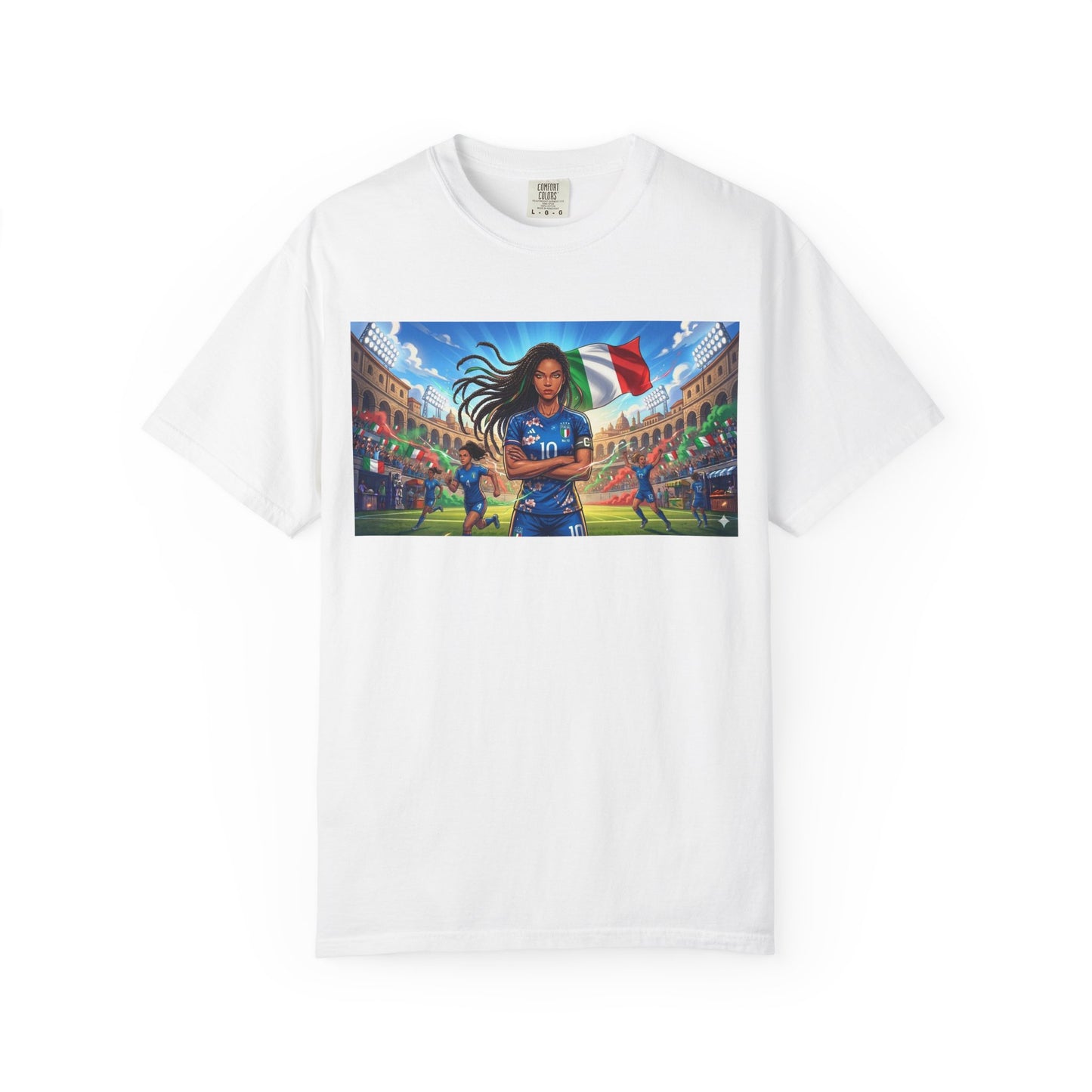 Italian Soccer Fan T‑Shirt – Inspirational Female Player with Italy Flag Stadium Print