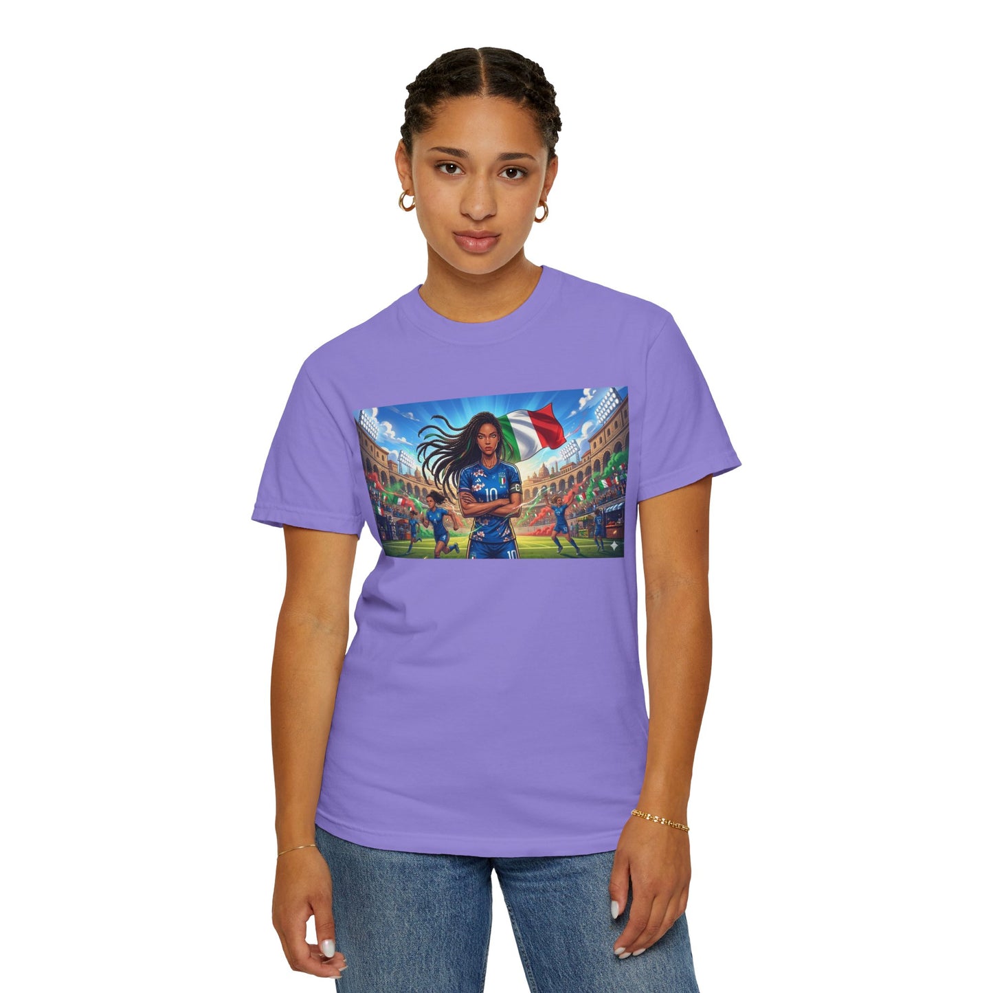 Italian Soccer Fan T‑Shirt – Inspirational Female Player with Italy Flag Stadium Print