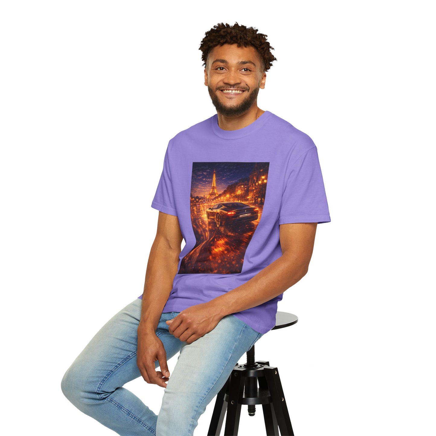 Paris Night Drive T-Shirt — Sports Car in Rainy Cityscape