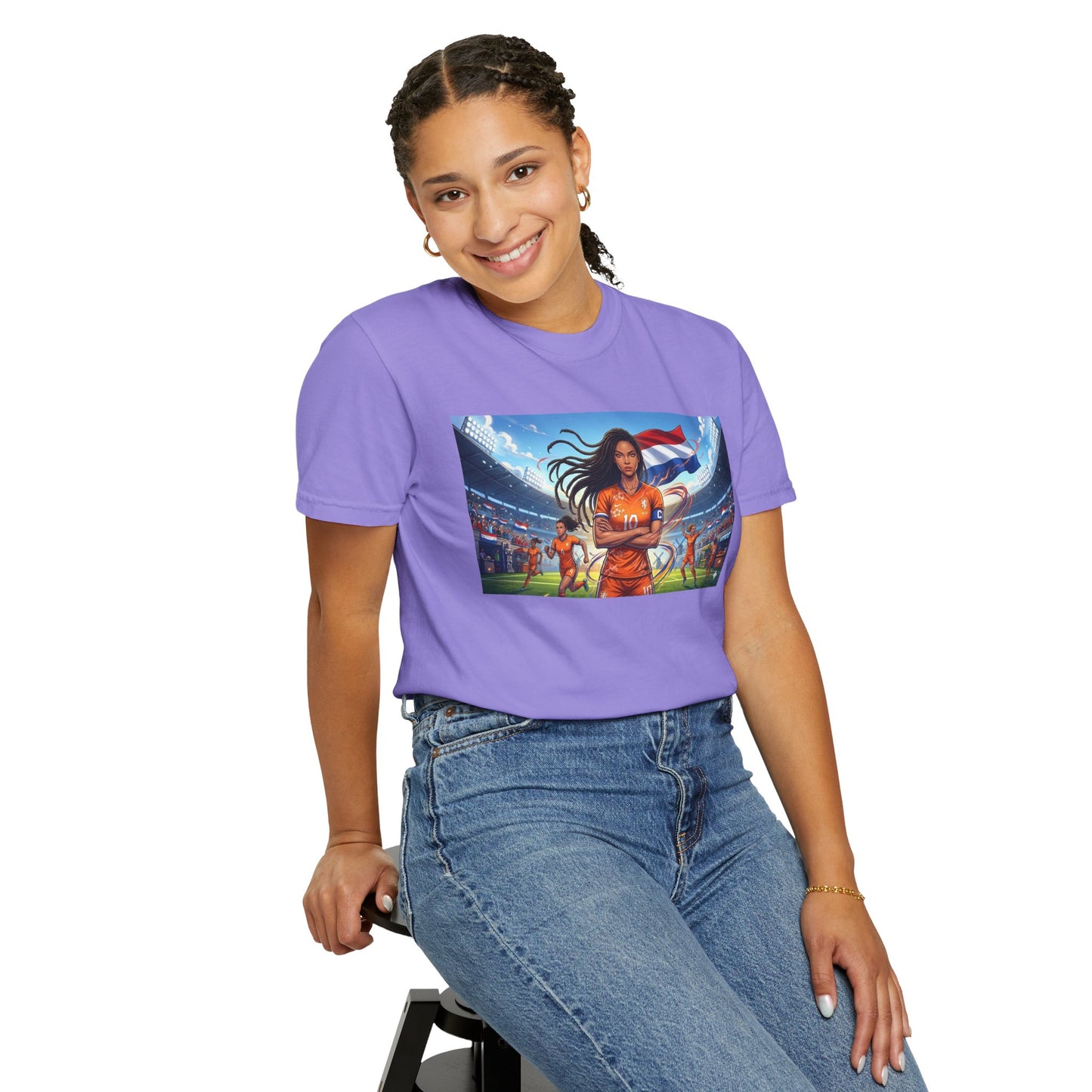 Soccer Warrior T-Shirt — Netherlands Female Captain with Flag Stadium Graphic