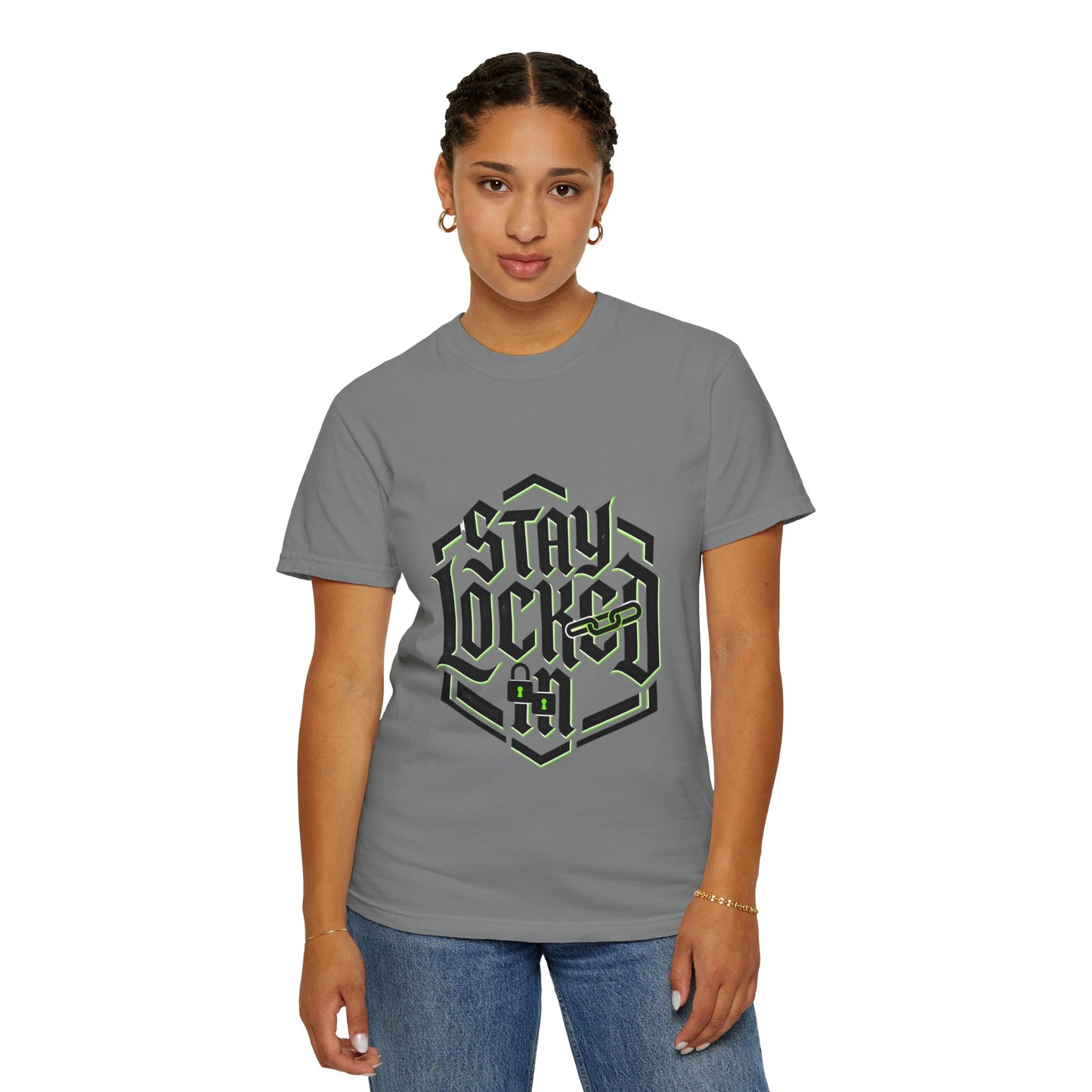 Stay Locked In T-Shirt — Bold Gothic Logo Tee