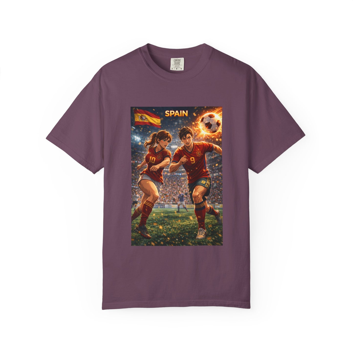 Spain Soccer Graphic T-Shirt — Retro Match Scene with Flag