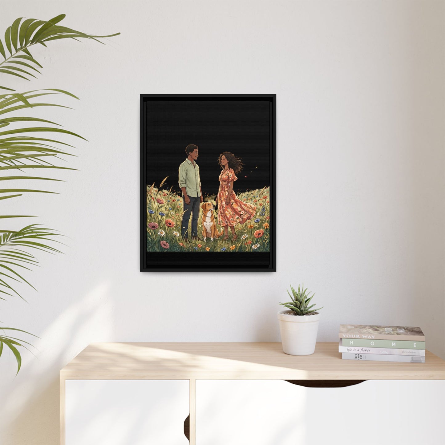 Framed Matte Canvas Print — Romantic Couple in Wildflower Field (Multi‑Color)